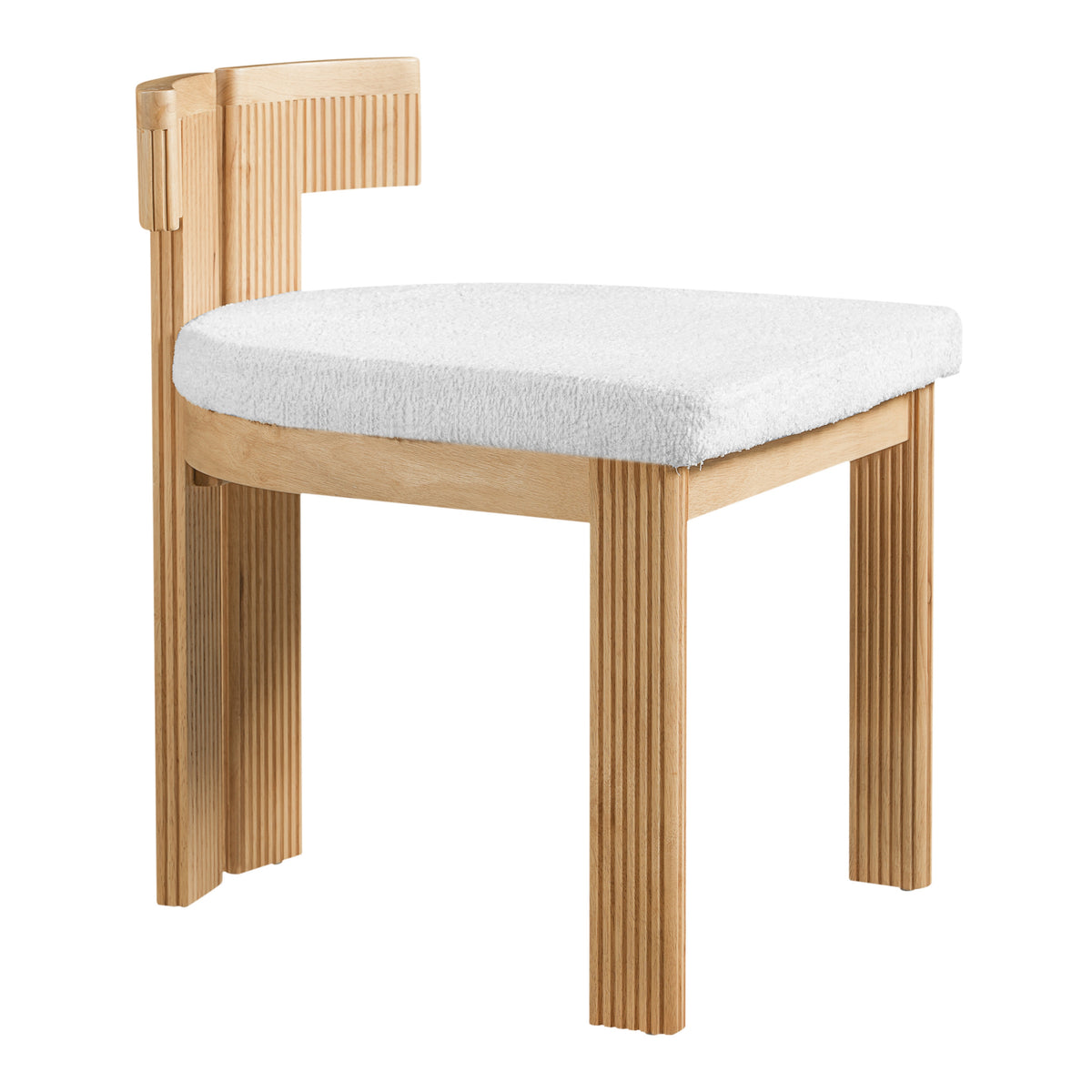 Pukaki white boucle dining chair side view with solid wood legs on white background