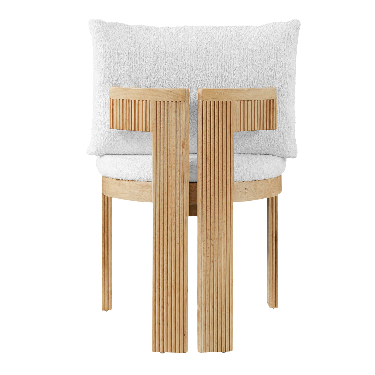 Pukaki white dining chair rear view showing the fluted wood back frame on white background