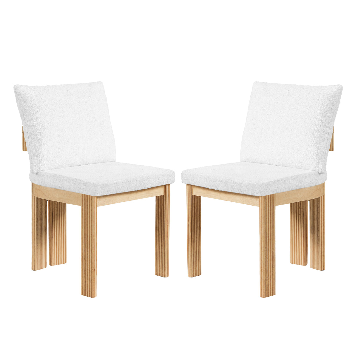 Pukaki white boucle dining chairs set of two angled view on white background