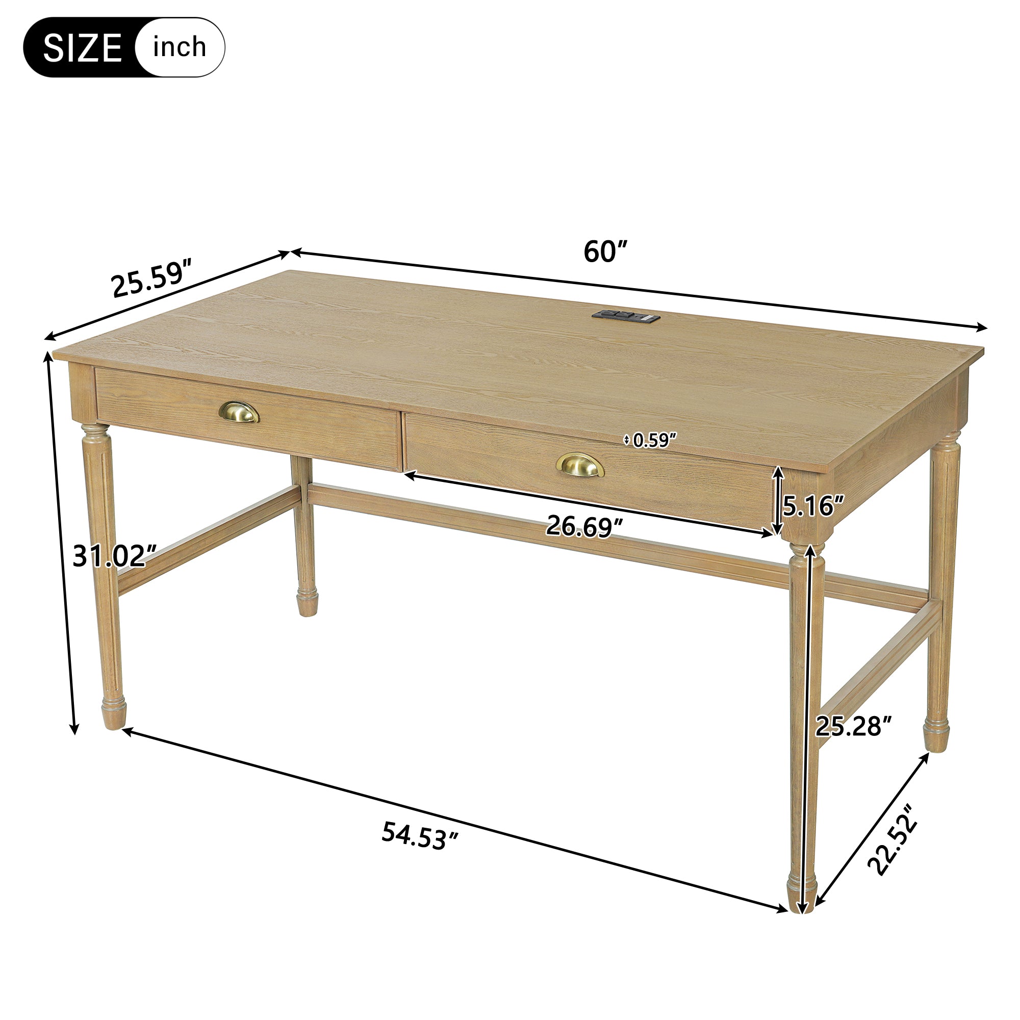 Pulse natural writing desk showing dimensions