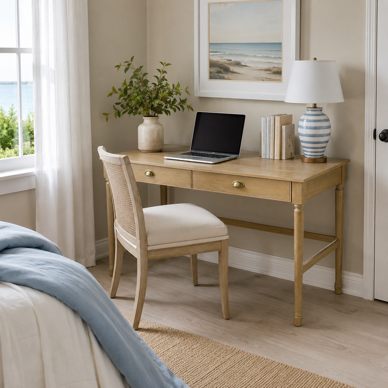 Pulse natural writing desk showing a compact workspace with a chair in a bright neutral bedroom
