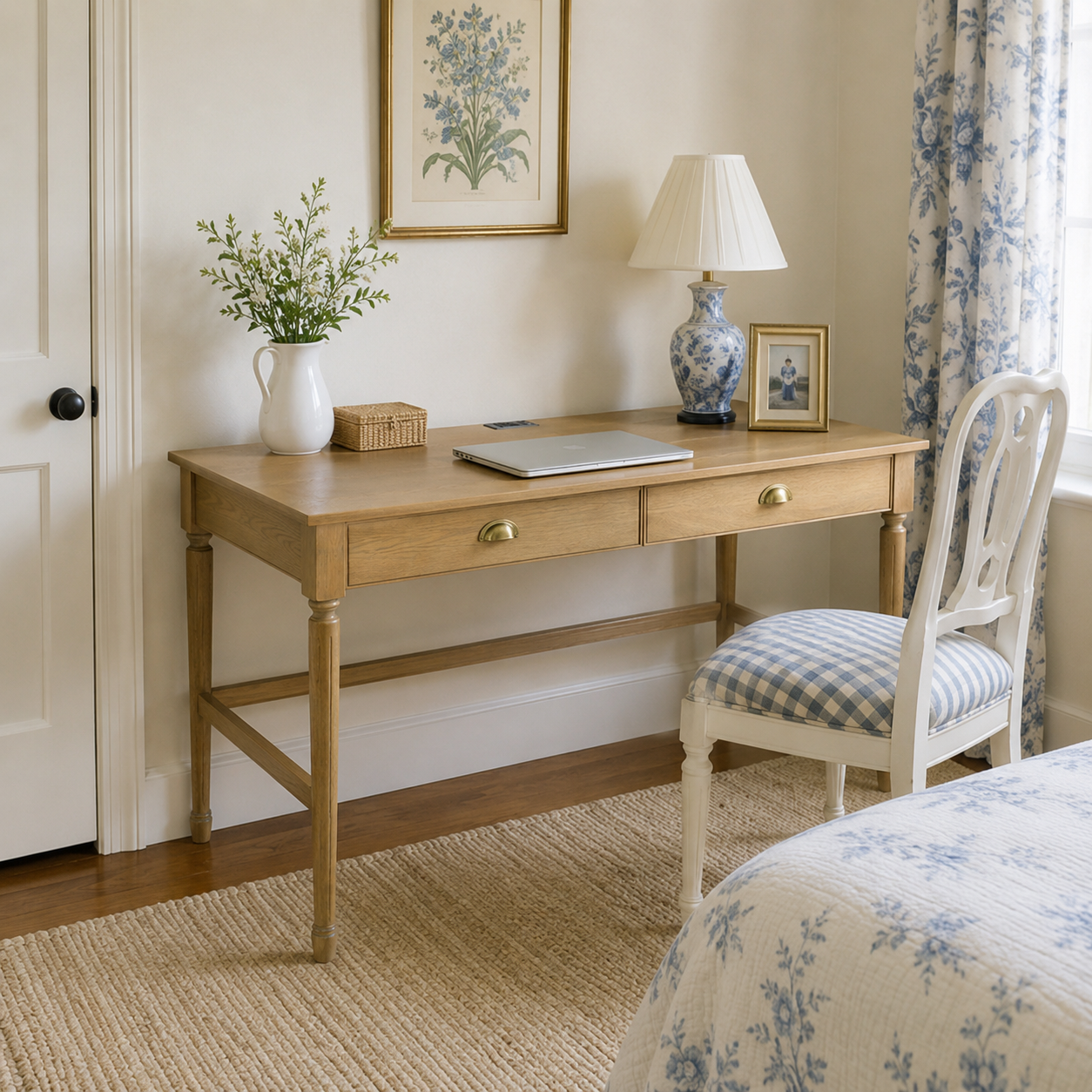 Pulse natural writing desk showing two drawers beside a bed with framed wall art and a table lamp