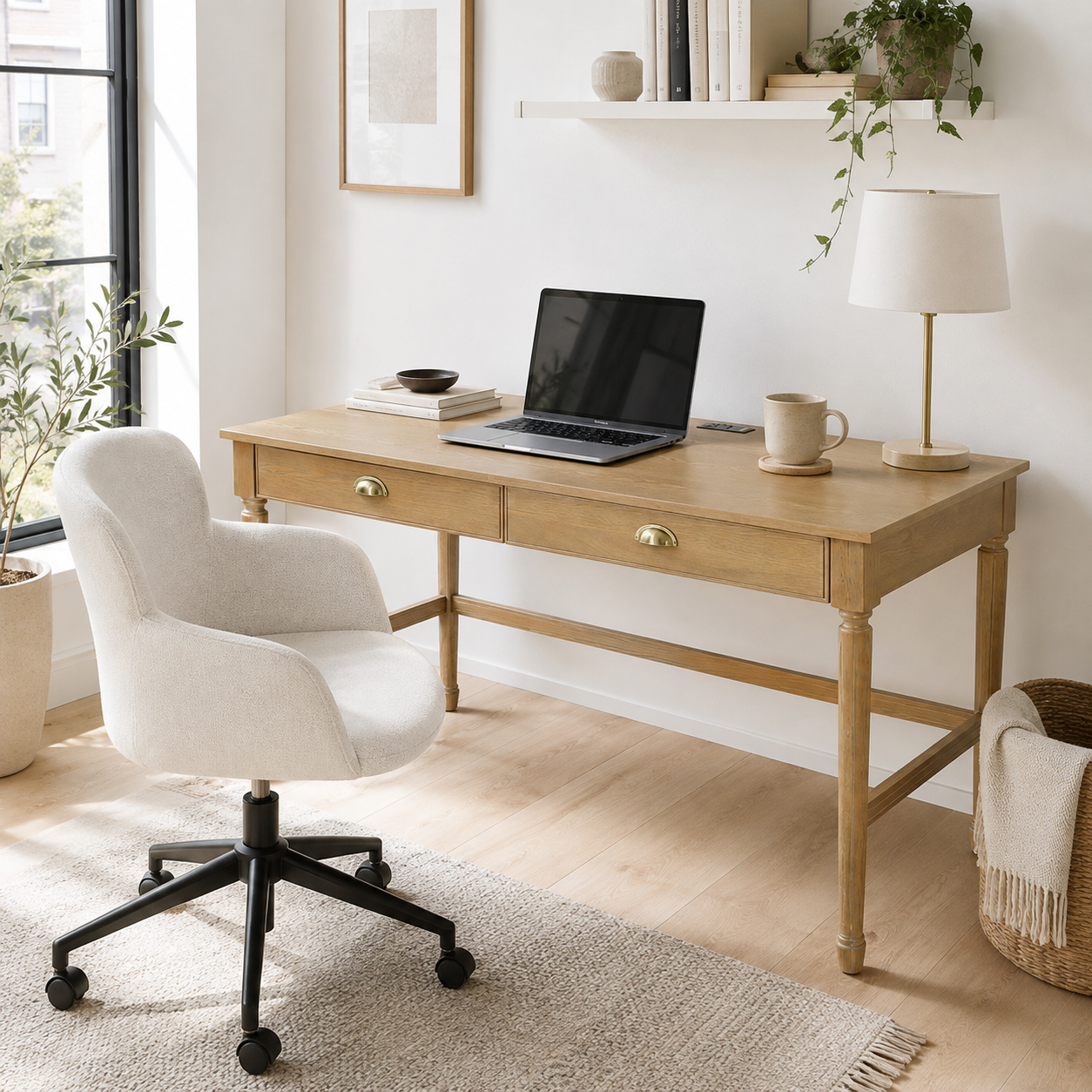 Pulse natural writing desk showing a laptop workspace with a rolling chair near a large window