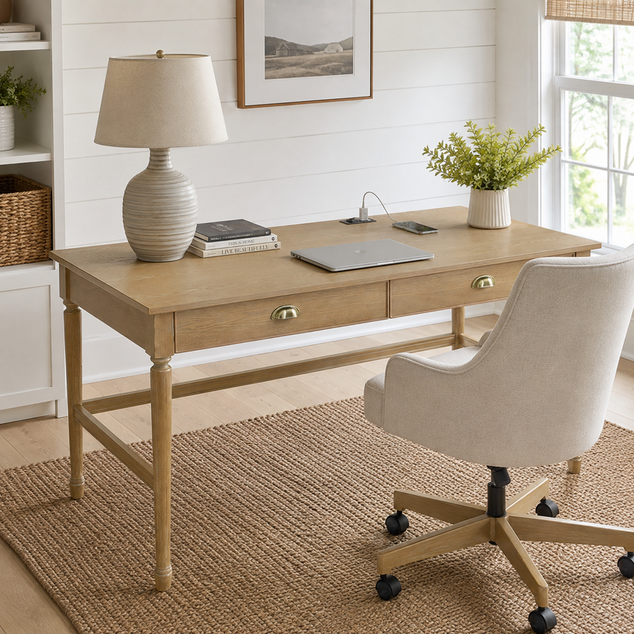 Pulse natural writing desk showing two drawers with a chair and table lamp in a neutral room