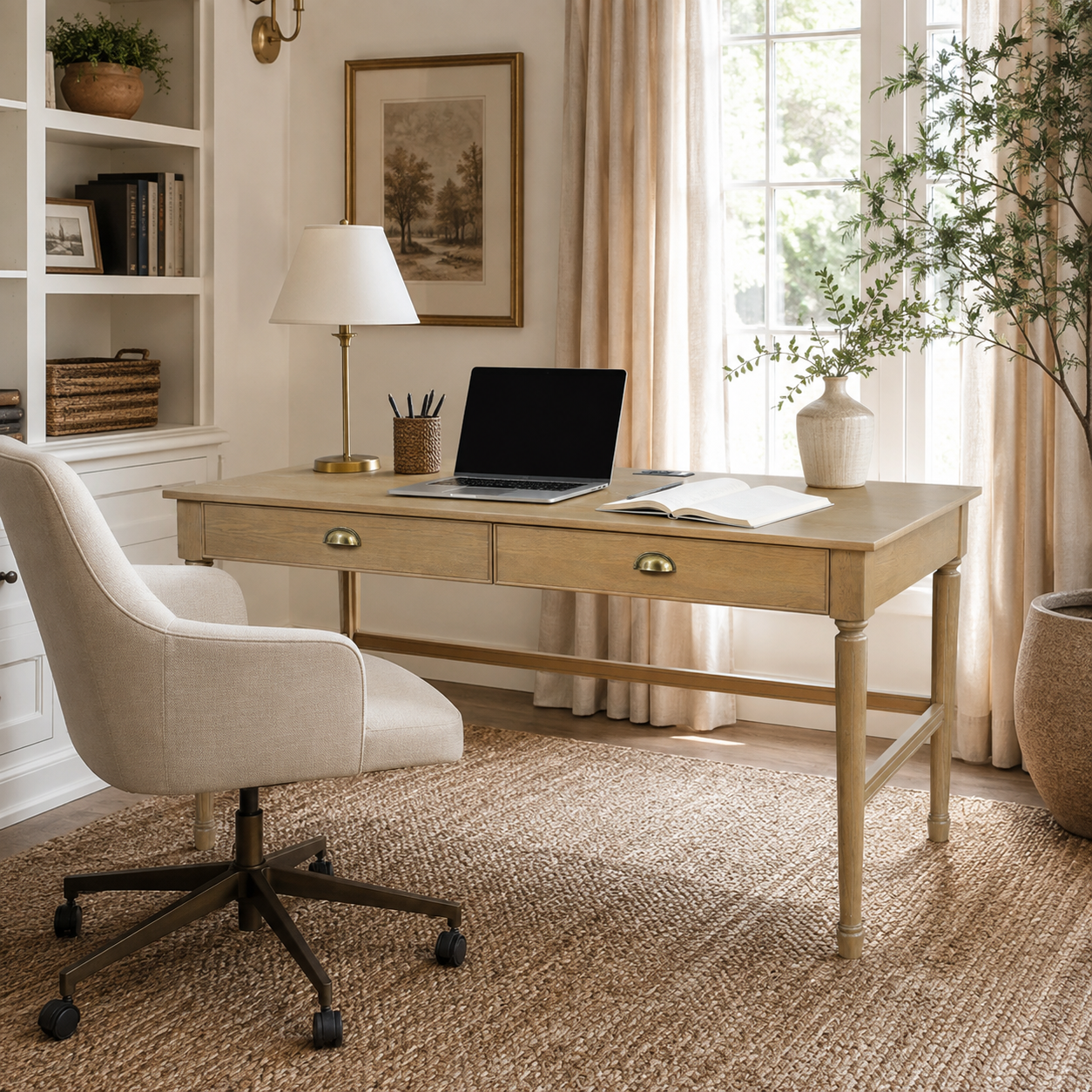 Pulse natural writing desk showing two drawers with a chair and table lamp in a neutral room