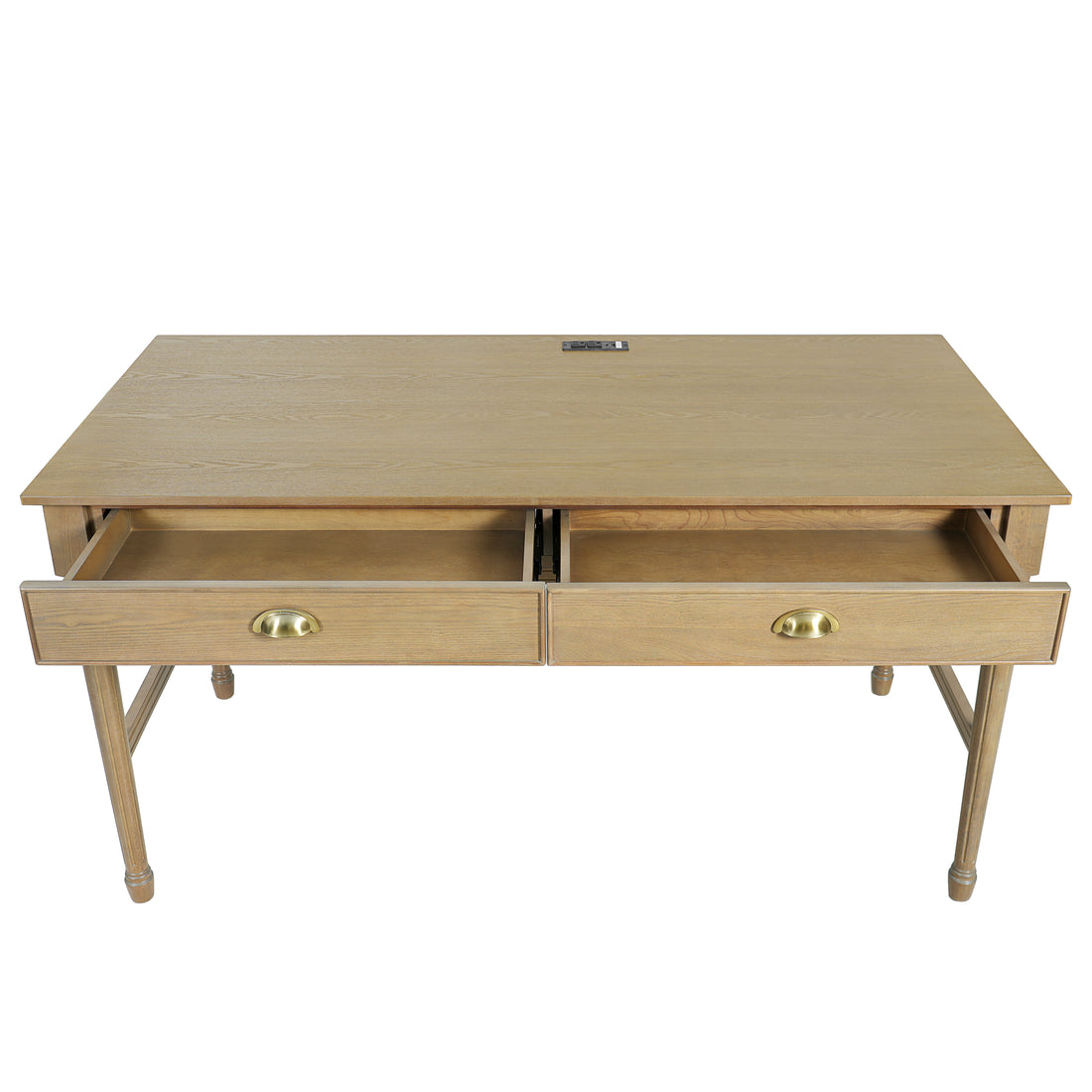 Pulse natural writing desk showing the front view with both storage drawers open