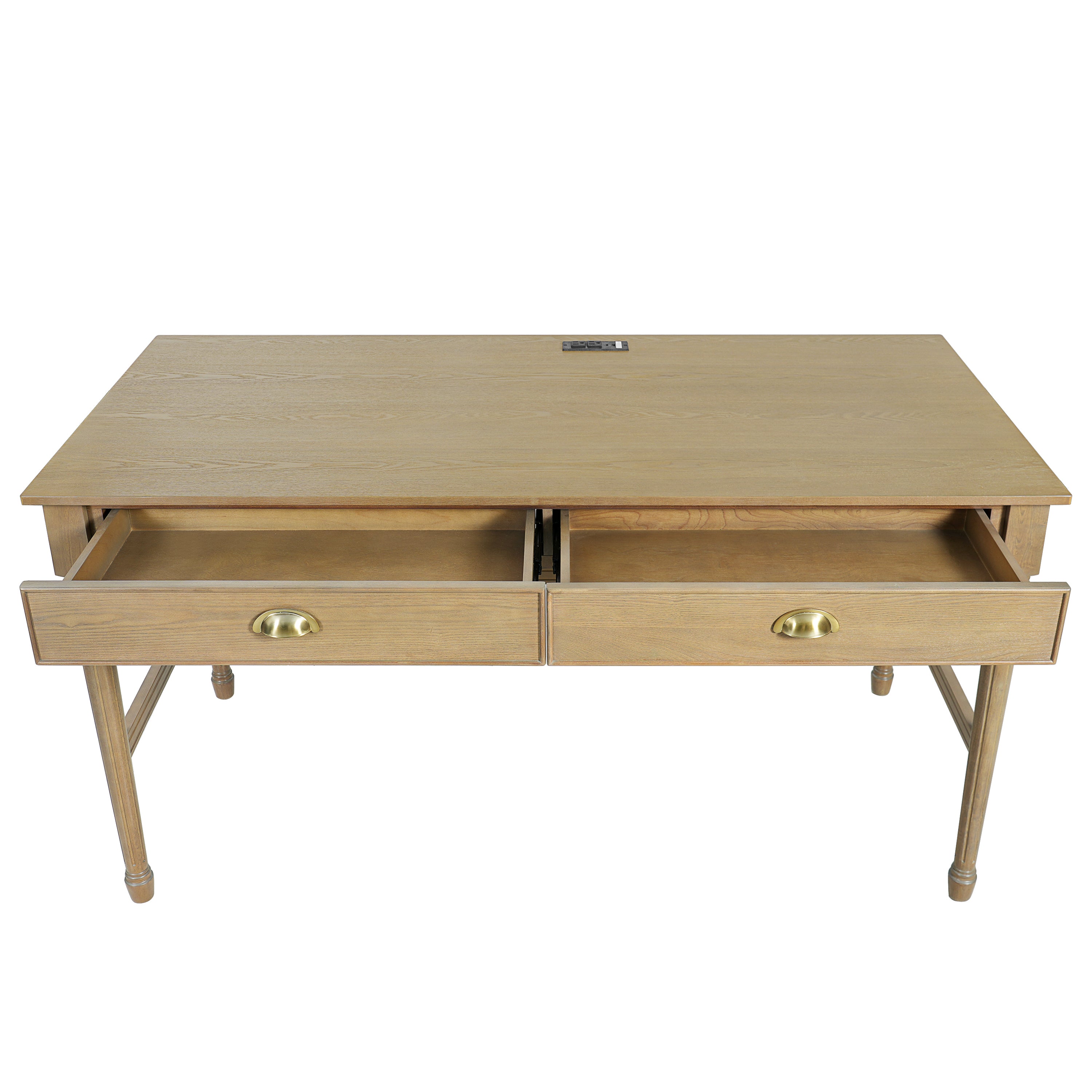 Pulse natural writing desk showing the front view with both storage drawers open