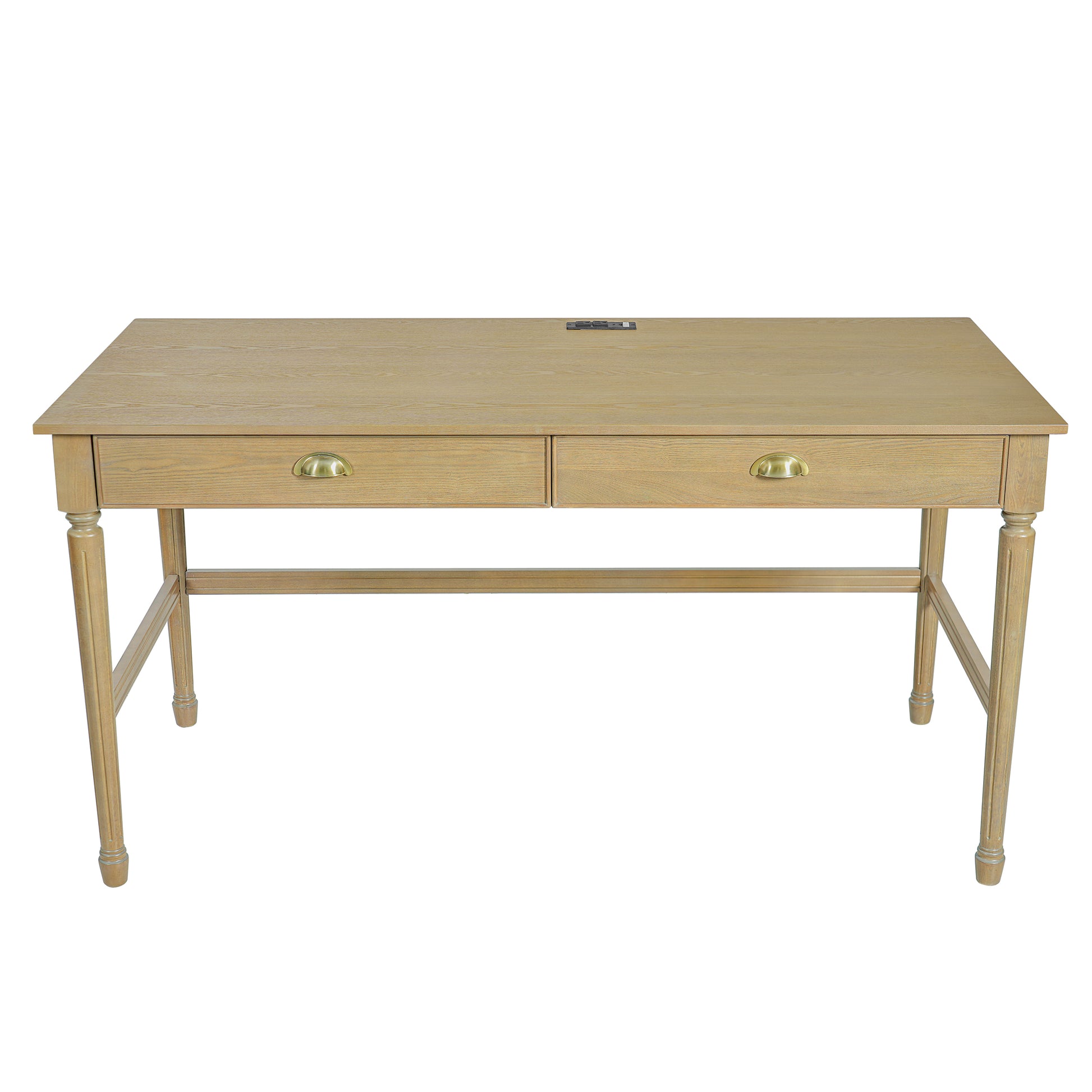 Pulse natural writing desk showing the front view with two drawers and a built-in outlet
