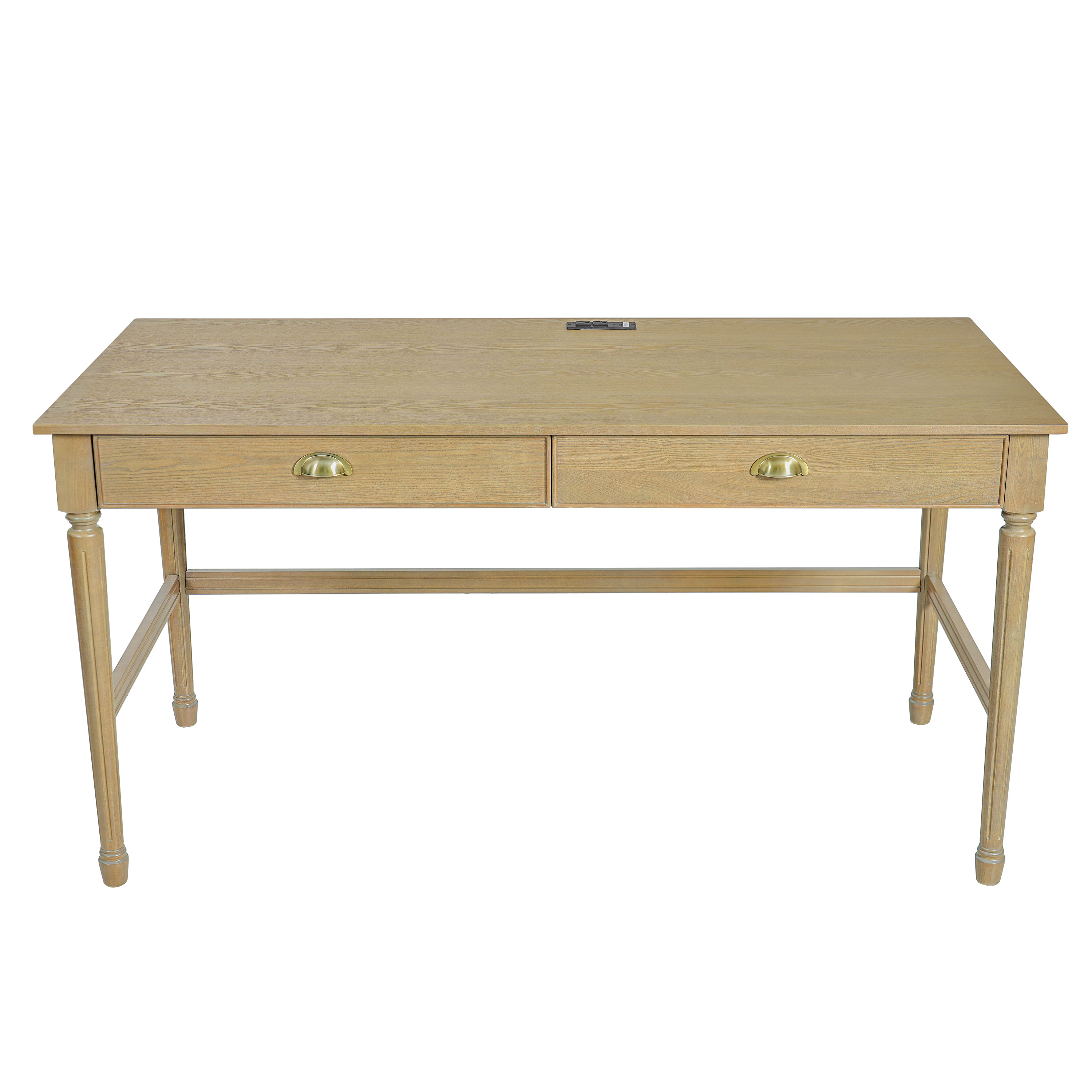 Pulse natural writing desk showing the front view with two drawers and a built-in outlet