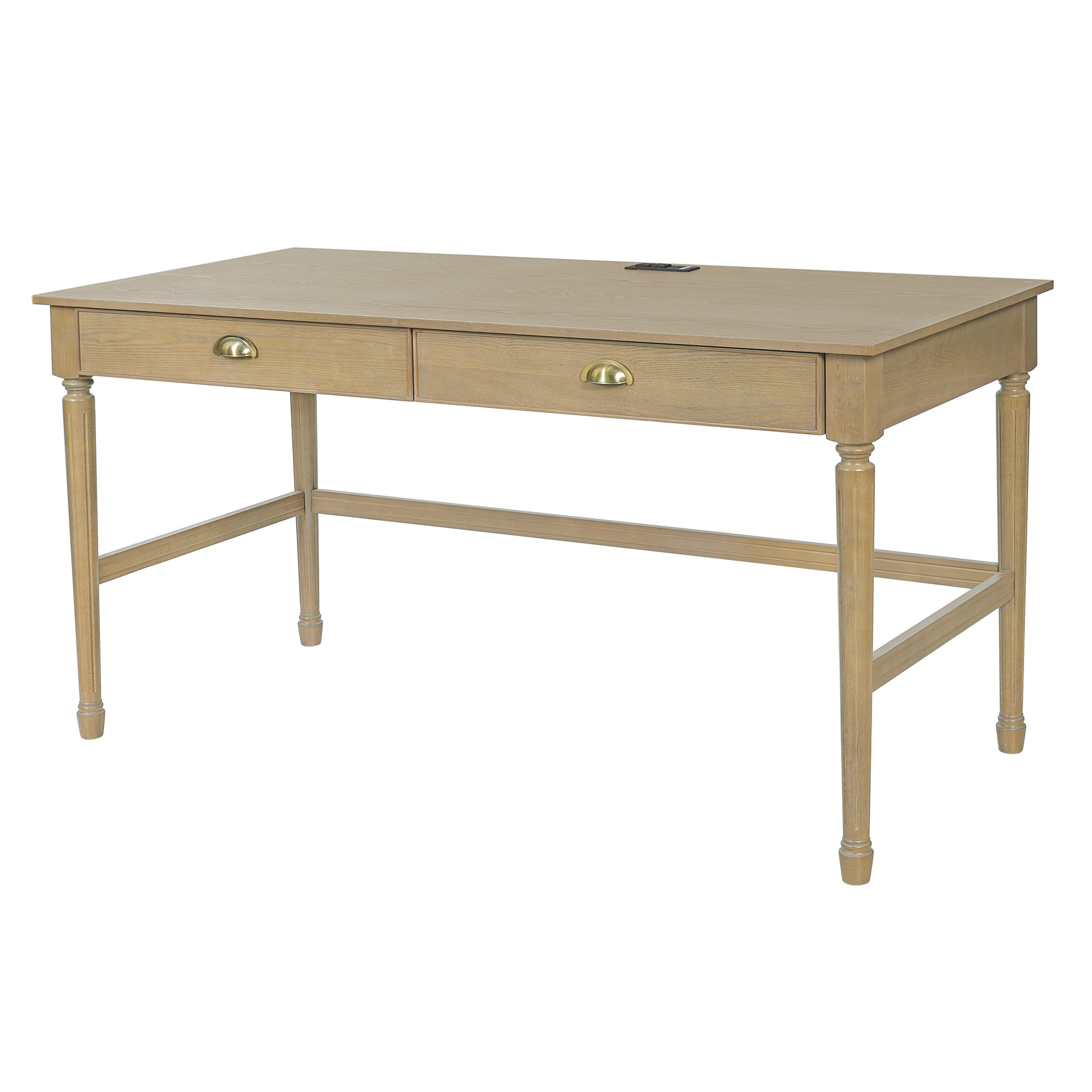 Pulse natural writing desk showing an angled front view with tapered legs and support rails