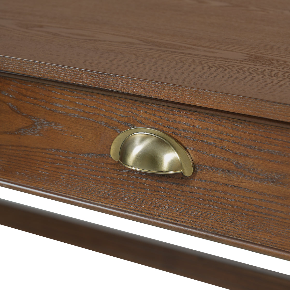 Pulse walnut writing desk showing drawer pull detail