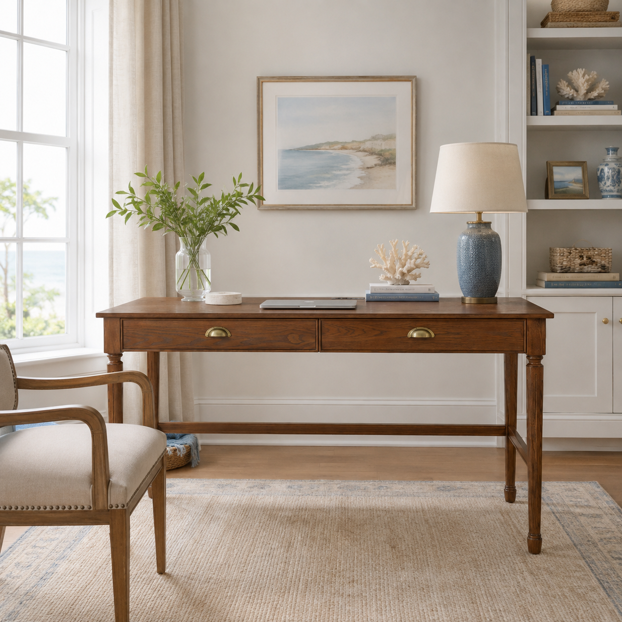 Pulse walnut writing desk showing two drawers in a bright room with shelving and framed artwork