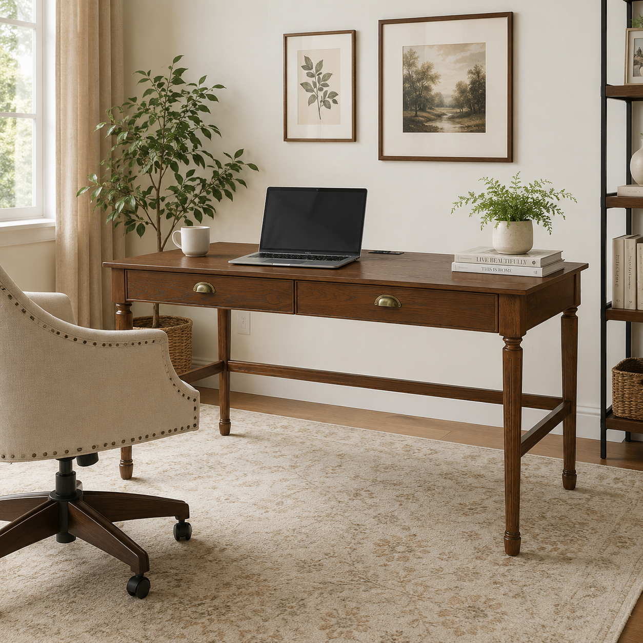 Pulse walnut writing desk showing a streamlined workspace near a window with plants and wall art