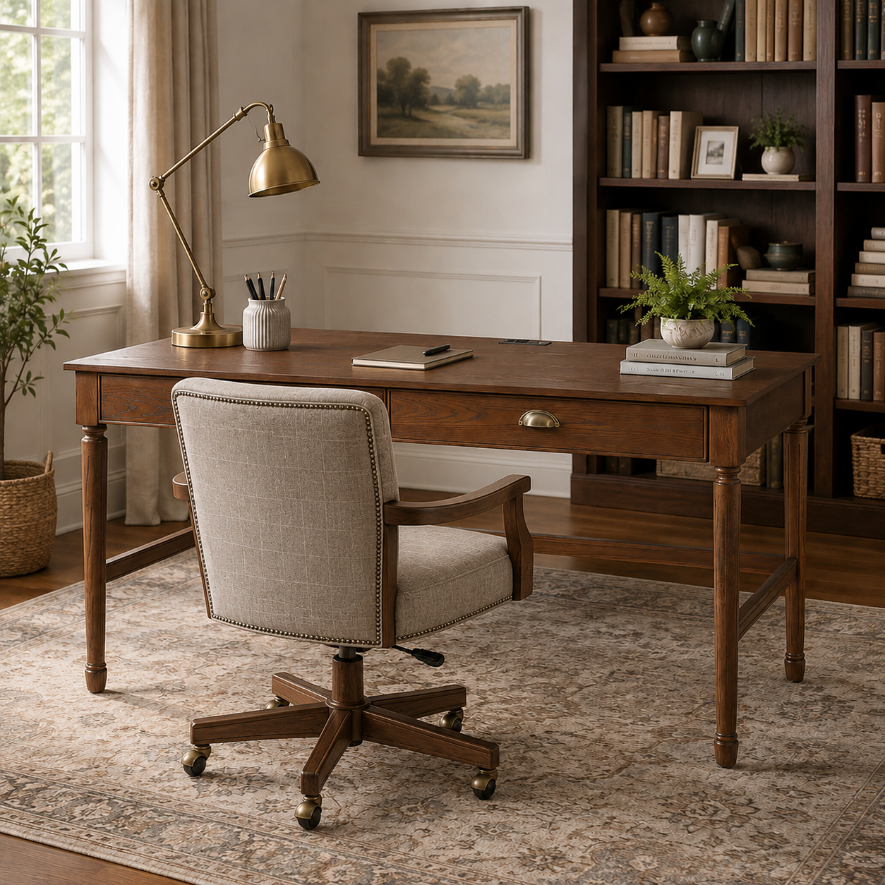 Pulse walnut writing desk showing a laptop workspace with a rolling chair and framed artwork