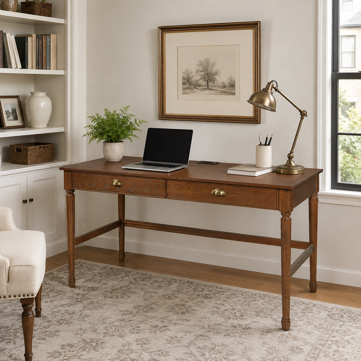 Pulse walnut writing desk showing a home office setup with a chair bookcase and table lamp