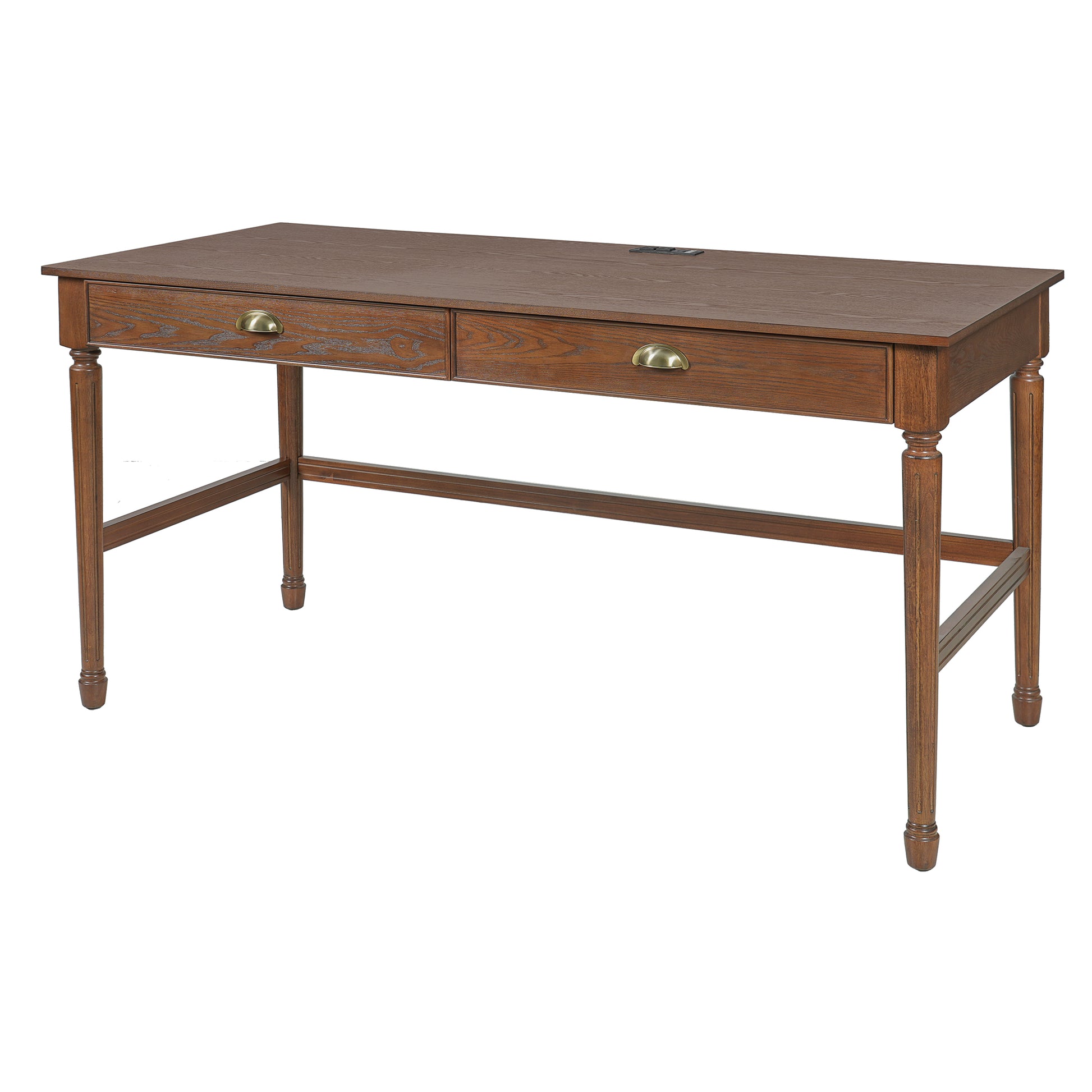 Pulse walnut writing desk showing an angled front view with two drawers and tapered legs