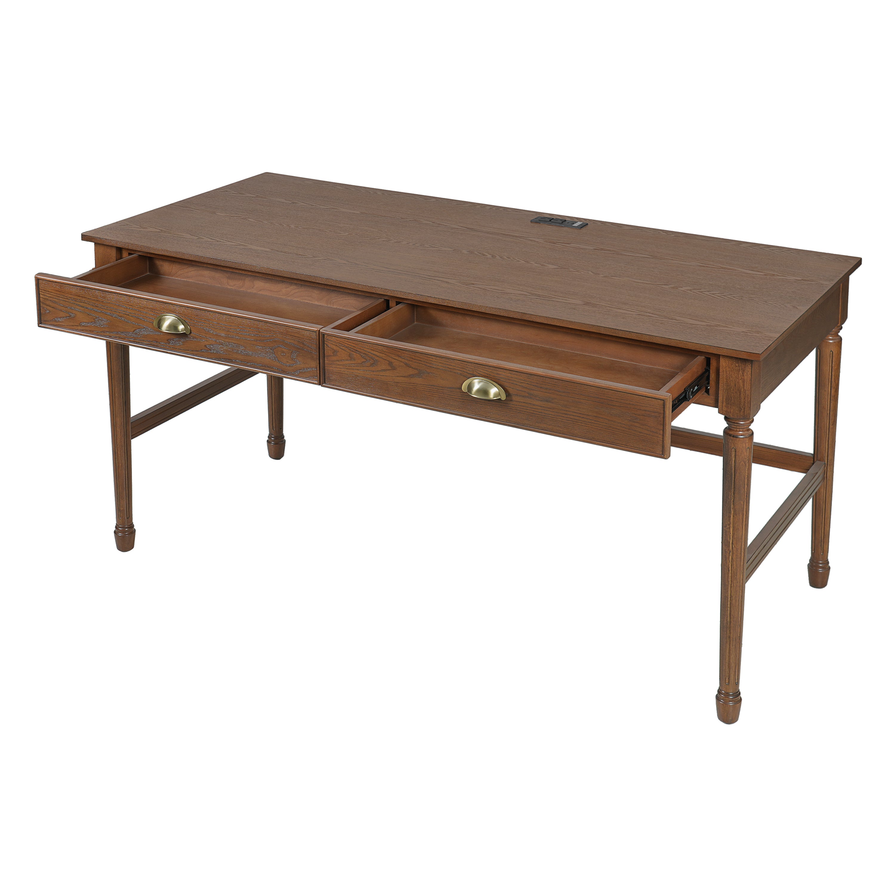 Pulse walnut writing desk showing an angled view with both storage drawers open