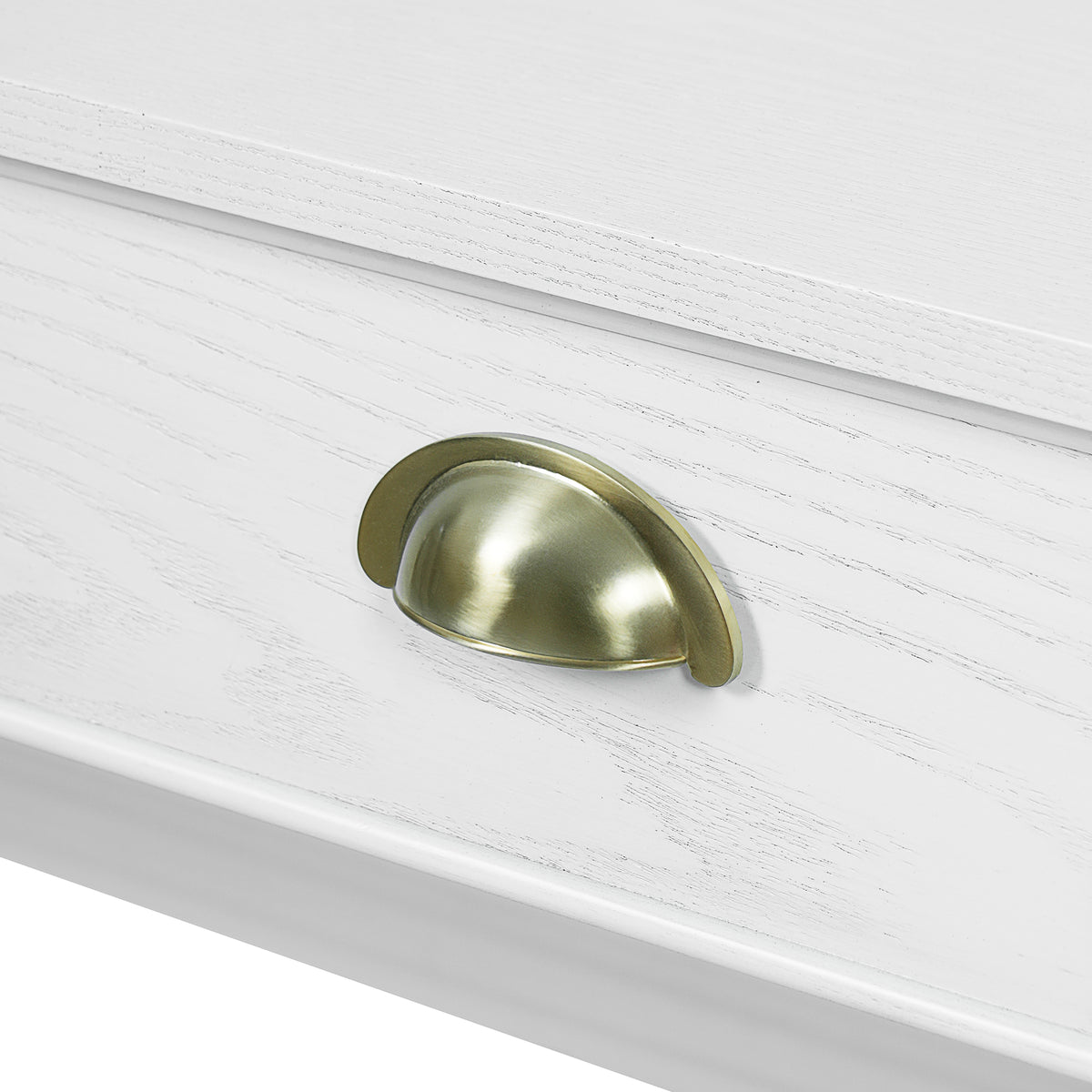 Pulse white writing desk showing drawer pull detail
