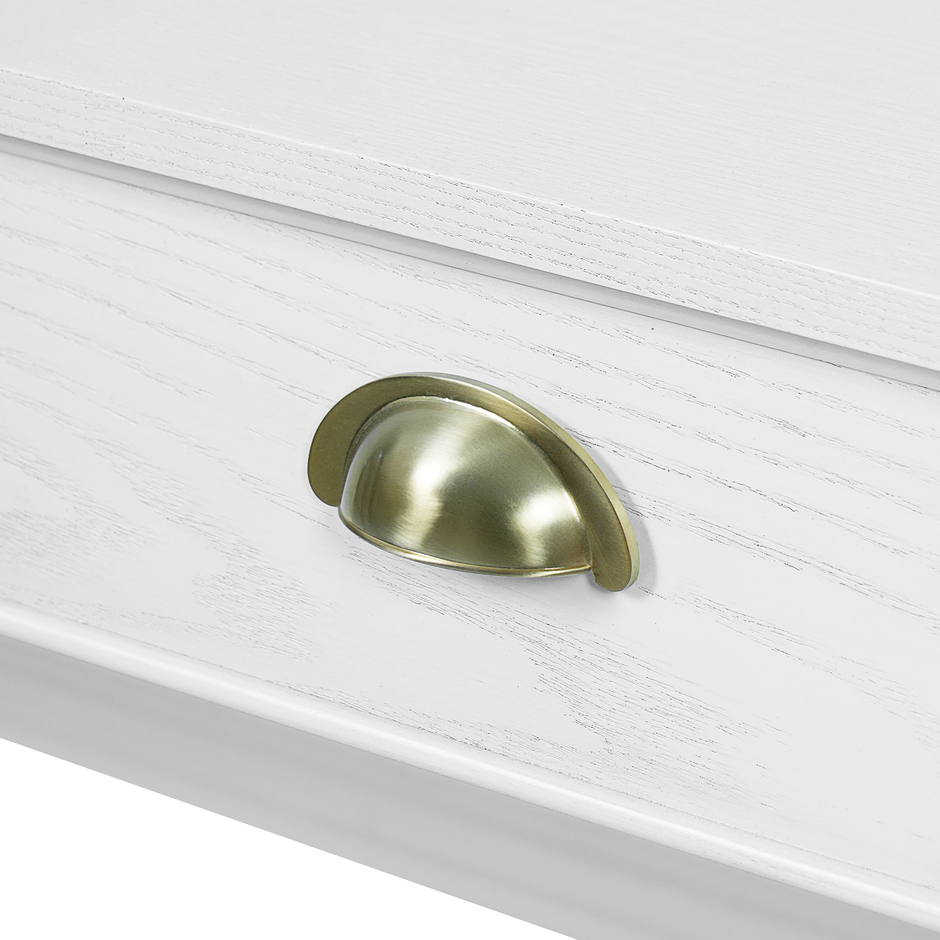 Pulse white writing desk showing drawer pull detail
