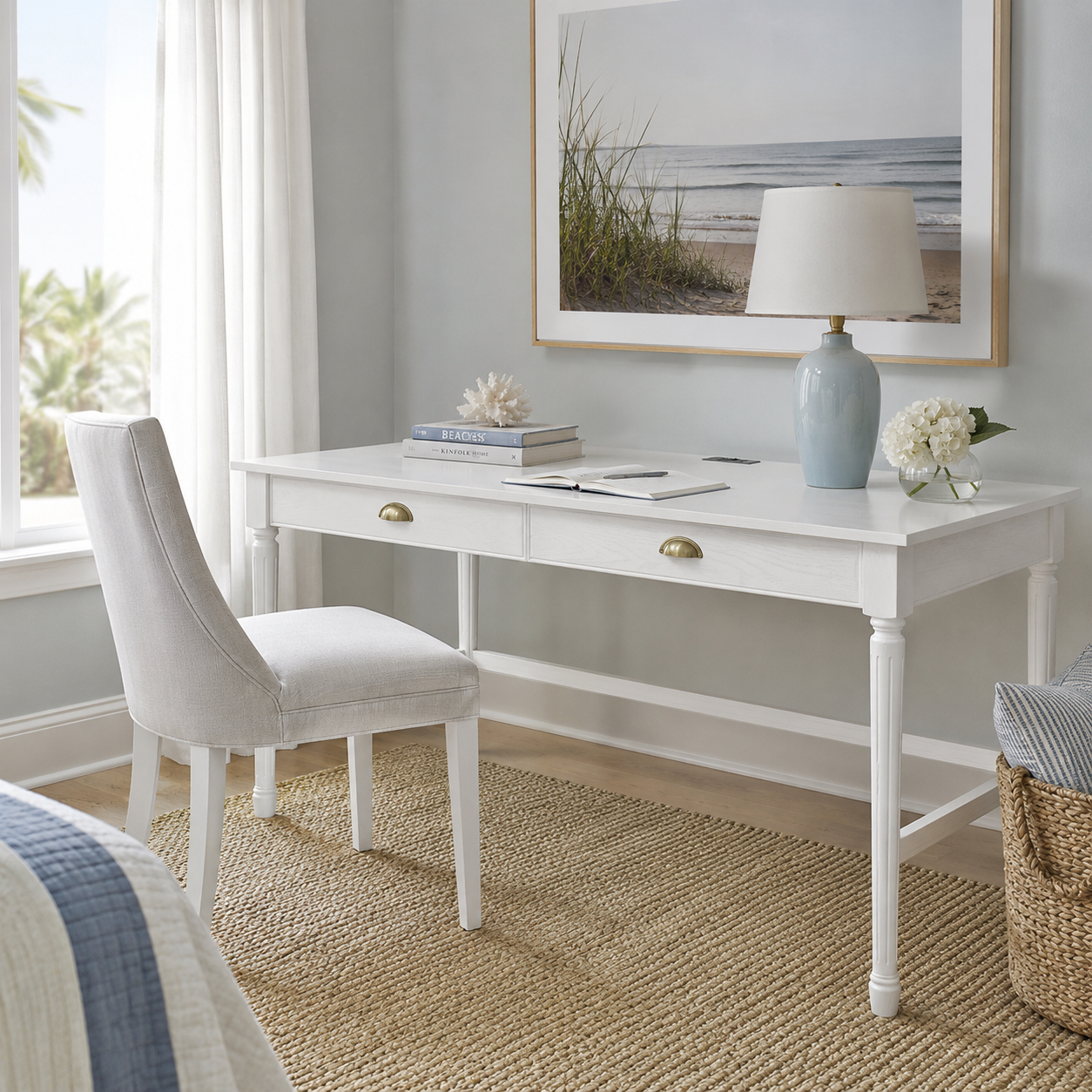 Pulse white writing desk showing a bright bedroom workspace with a chair and tabletop decor