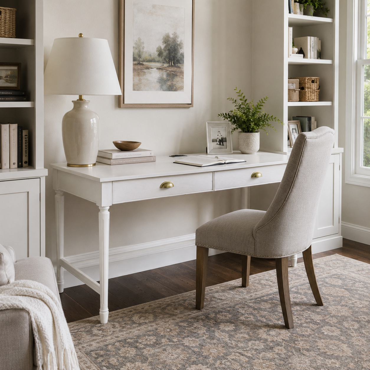 Pulse white writing desk showing a bright workspace with a chair and open shelving