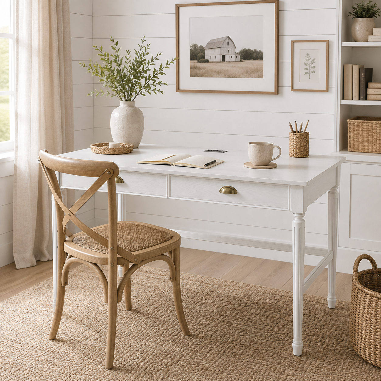 Pulse white writing desk showing two drawers with a wood chair in a light neutral home office