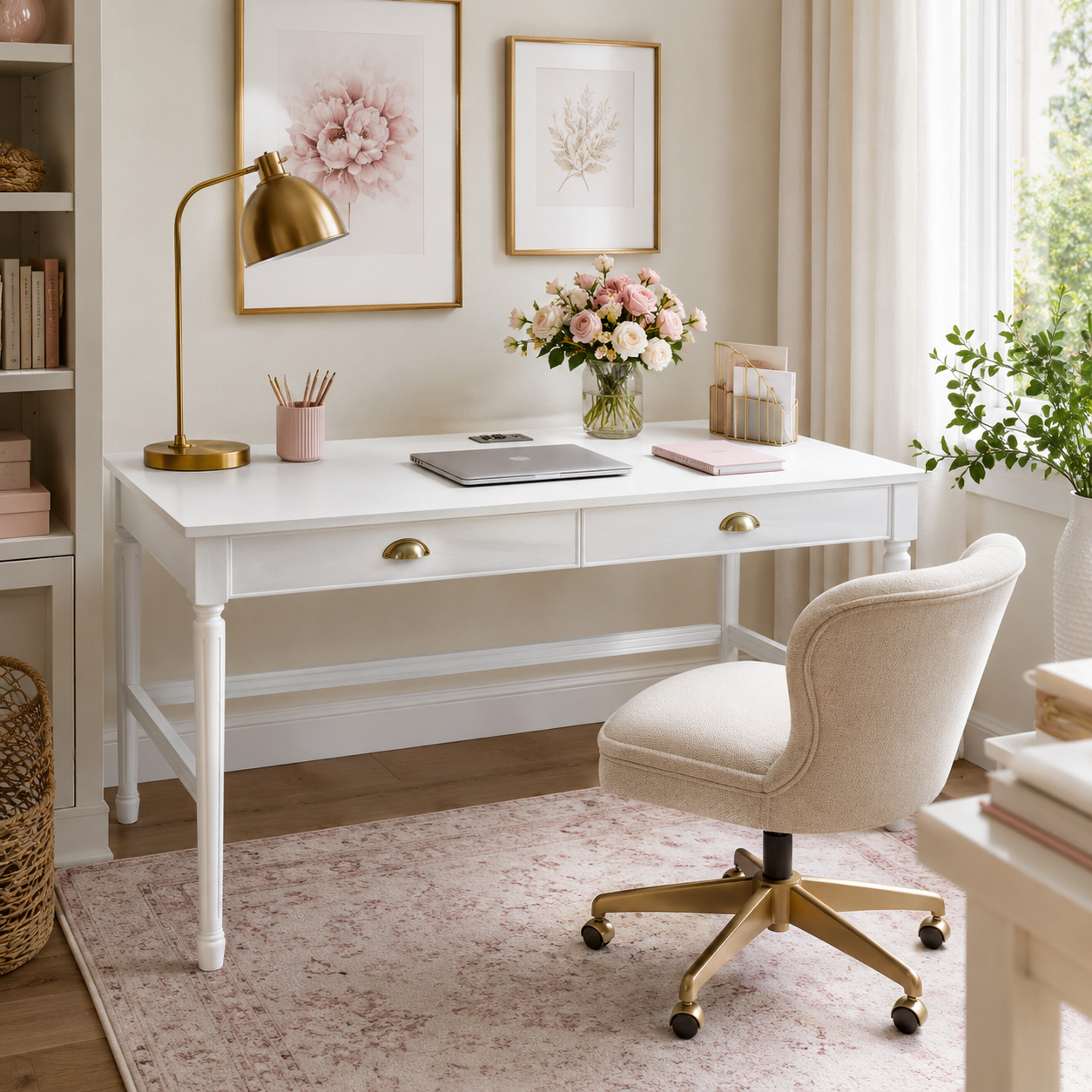 Pulse white writing desk showing a home office setup with a rolling chair and floral decor