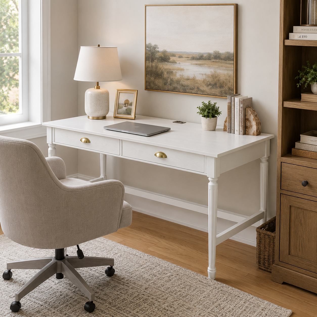 Pulse white writing desk showing a bright bedroom workspace with a chair and table lamp