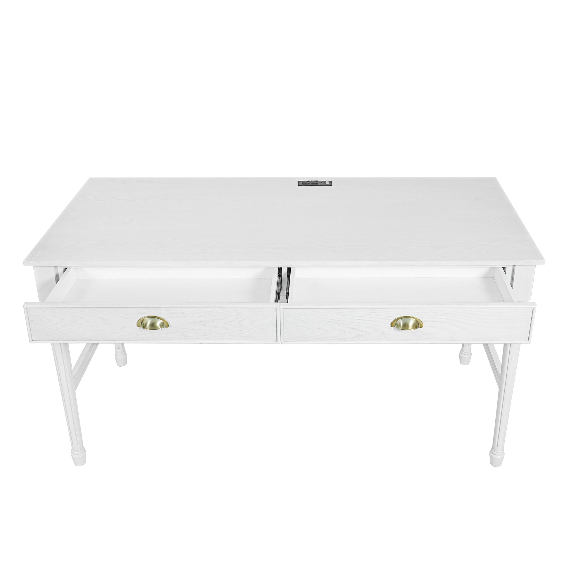 Pulse white writing desk showing the front view with both storage drawers open
