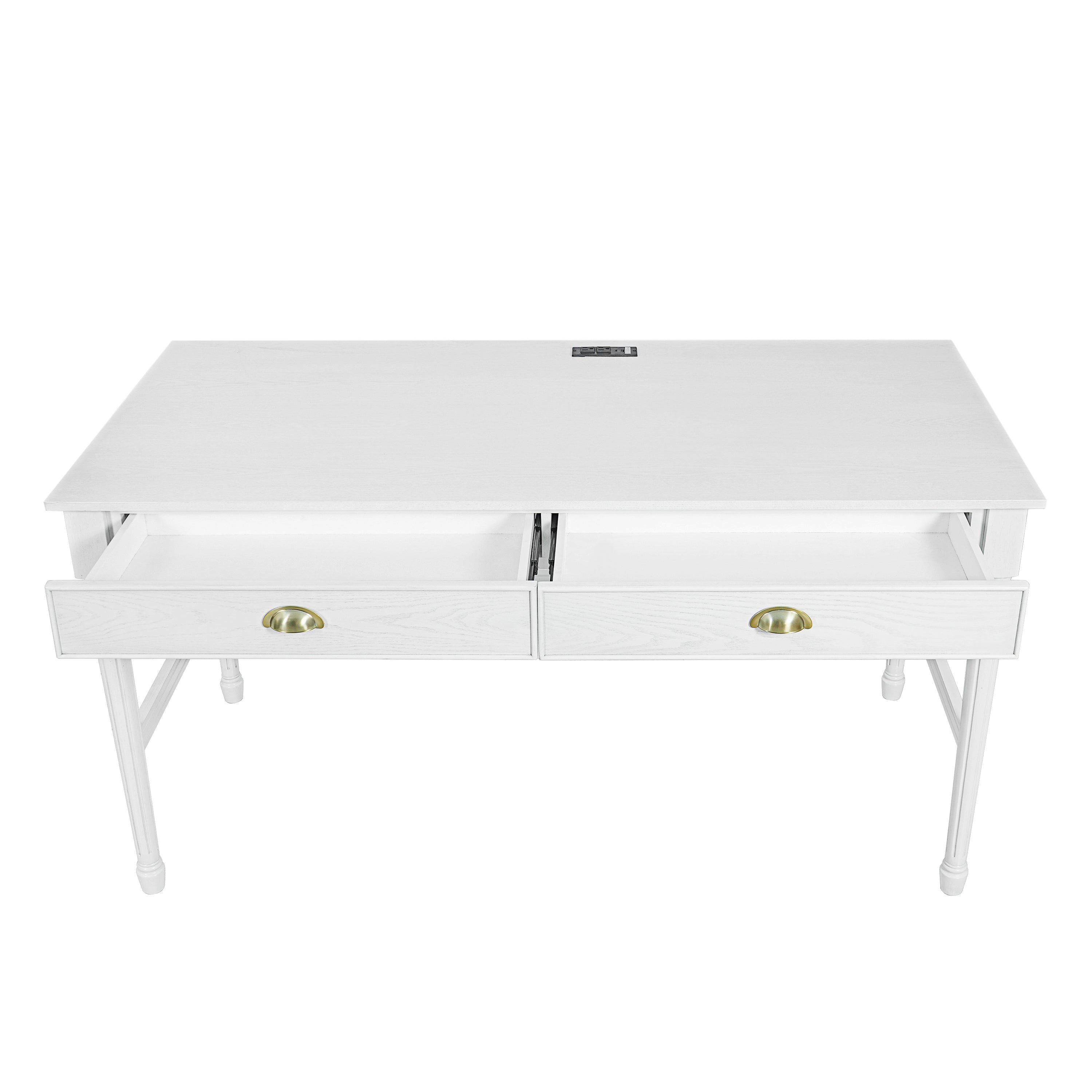 Pulse white writing desk showing the front view with both storage drawers open