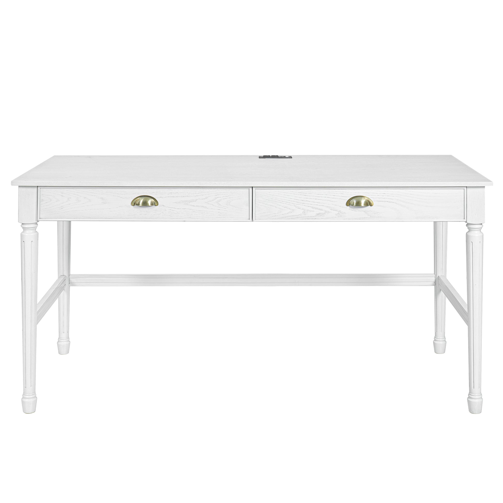 Pulse white writing desk showing the front view with two drawers and a built-in outlet