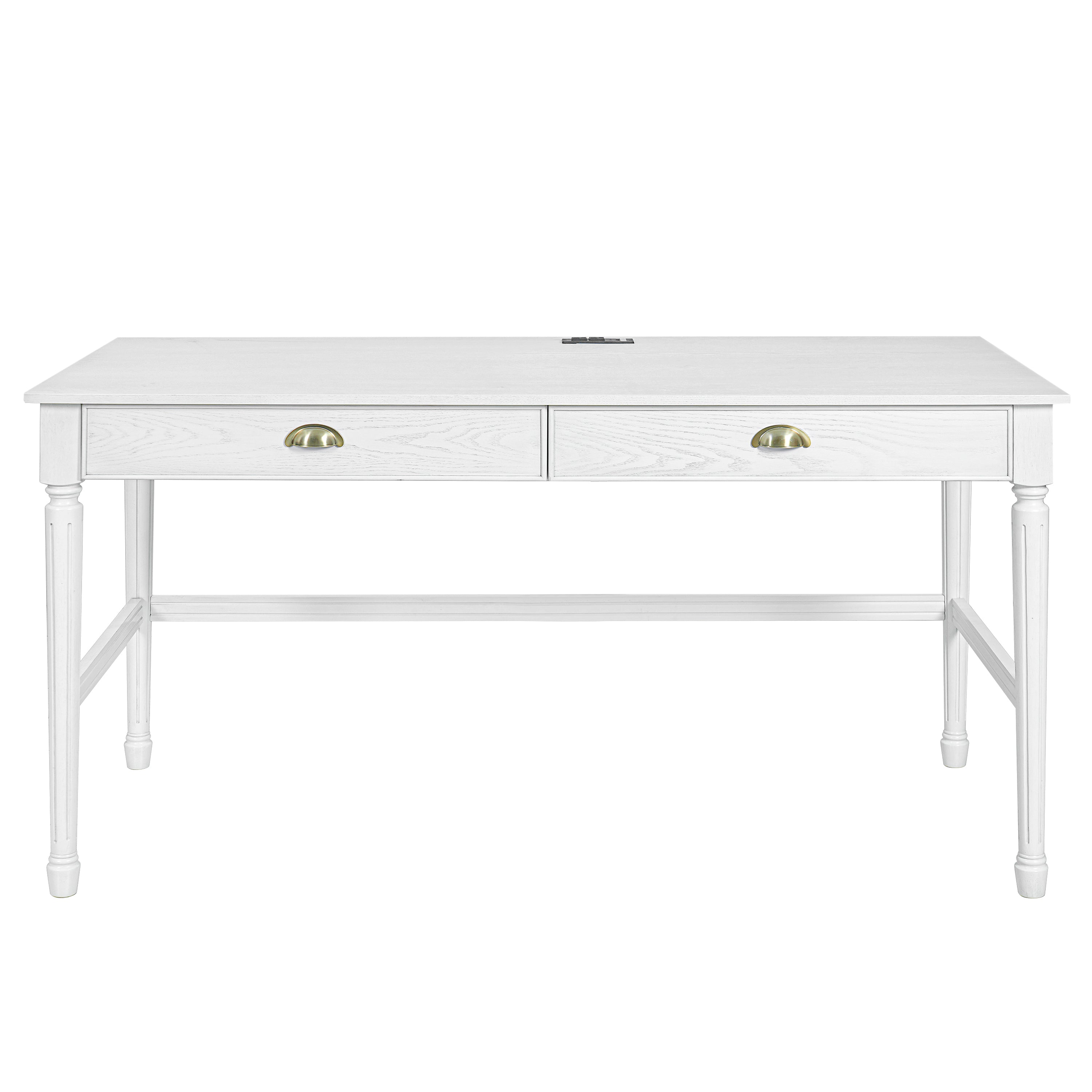 Pulse white writing desk showing the front view with two drawers and a built-in outlet