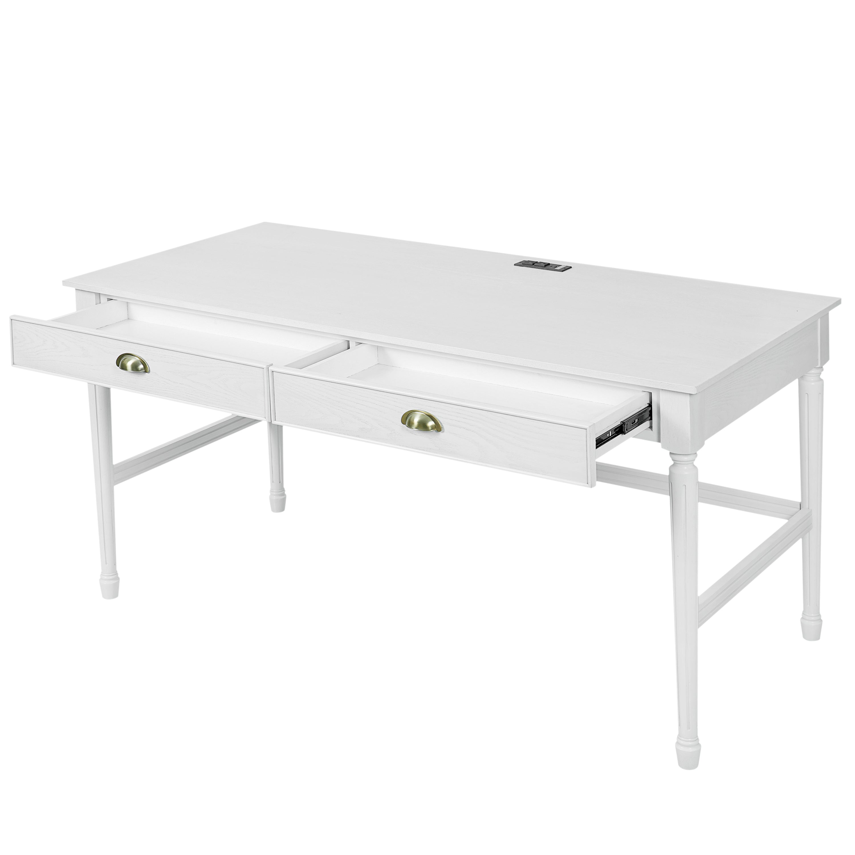 Pulse white writing desk showing an angled front view with tapered legs and support rails