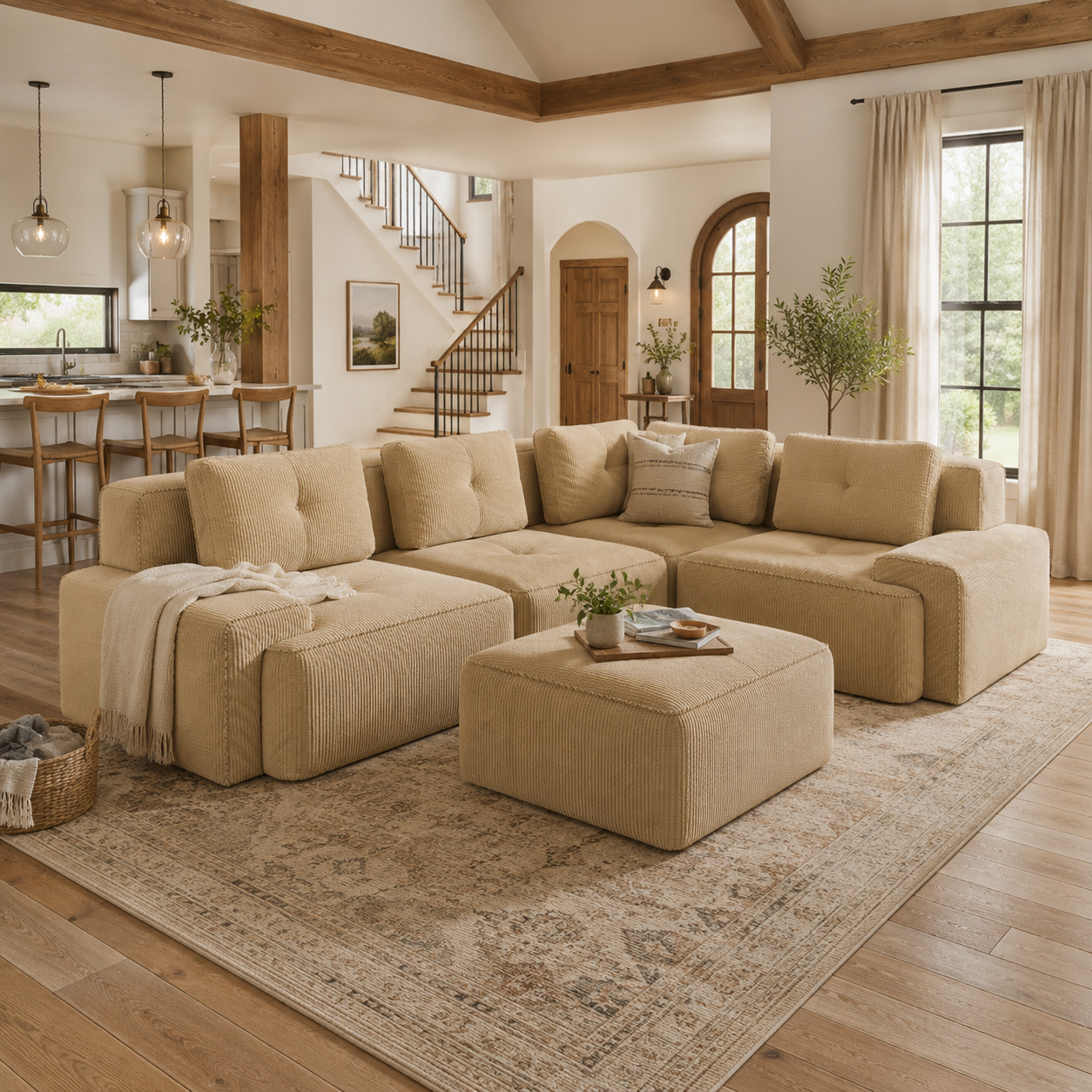 Racine 116" Corduroy Modular L-Shaped Sectional Corner Sofa with Ottoman