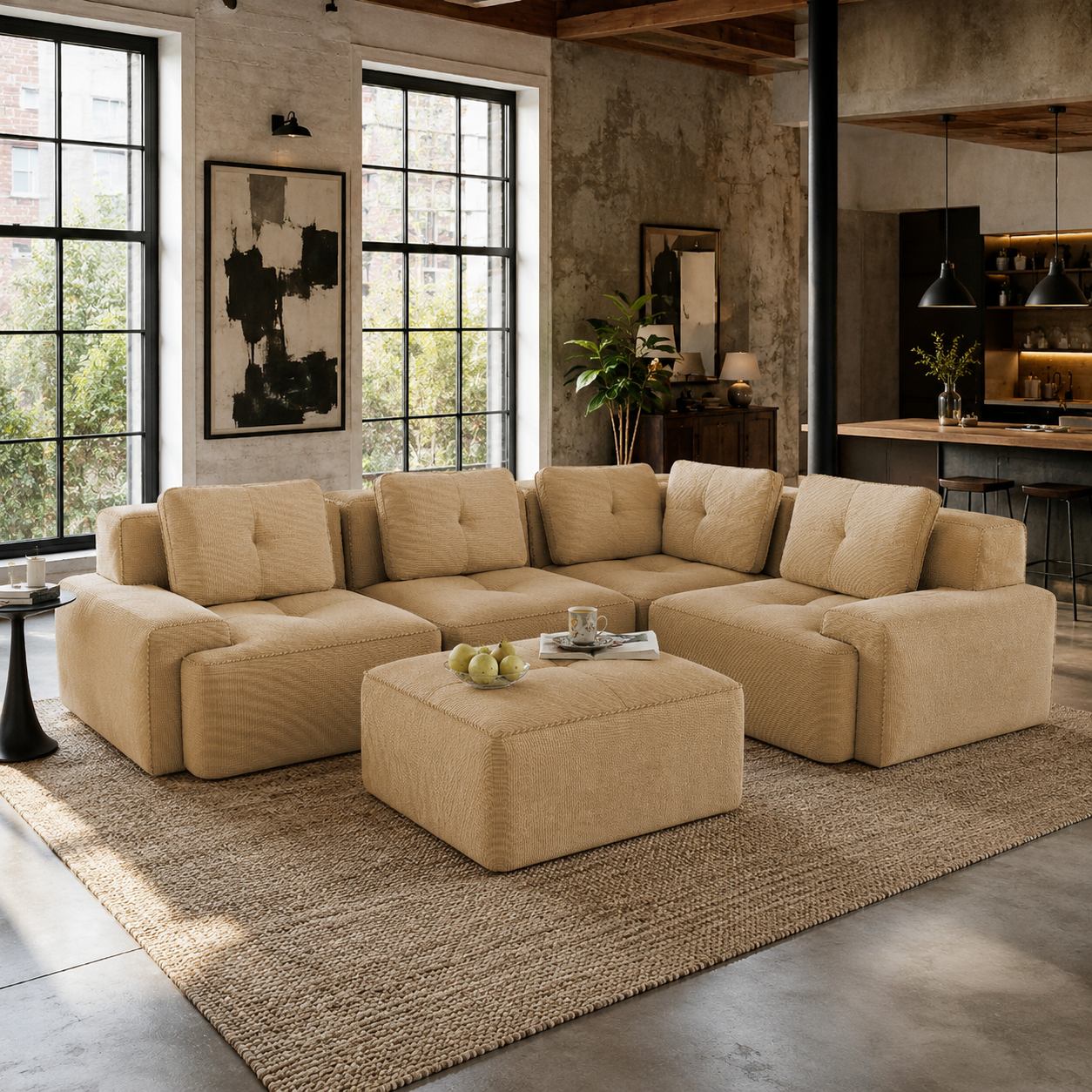 Racine 116" Corduroy Modular L-Shaped Sectional Corner Sofa with Ottoman