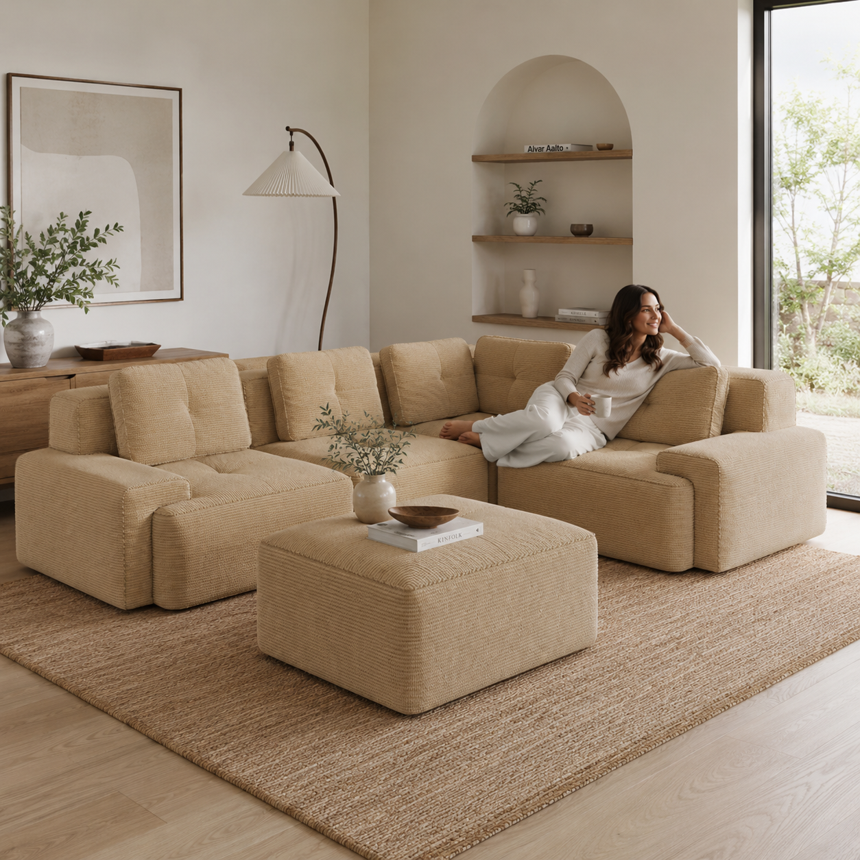 Racine 116" Corduroy Modular L-Shaped Sectional Corner Sofa with Ottoman