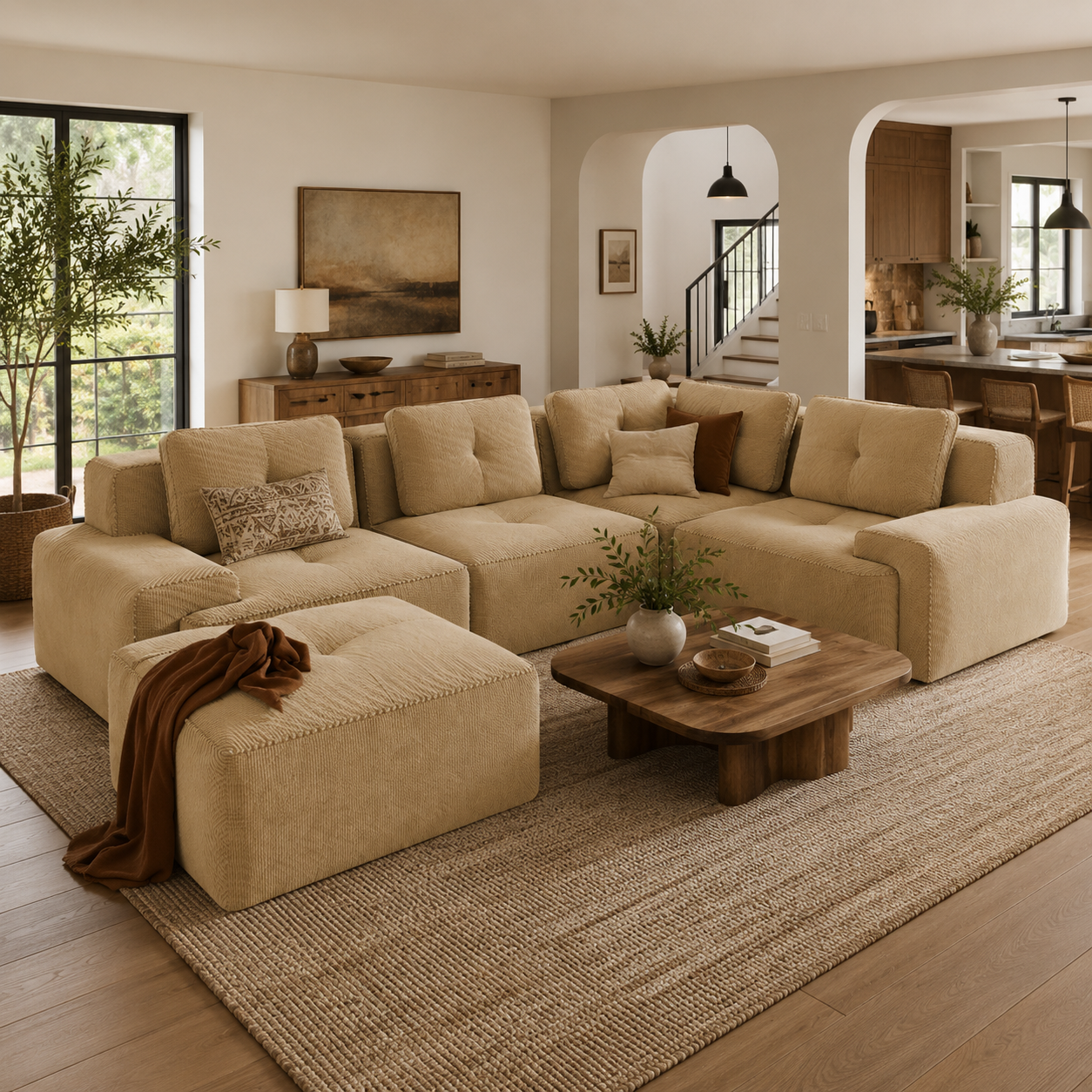 Racine 116" Corduroy Modular L-Shaped Sectional Corner Sofa with Ottoman