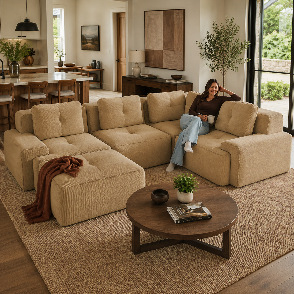 Racine 116" Corduroy Modular L-Shaped Sectional Corner Sofa with Ottoman