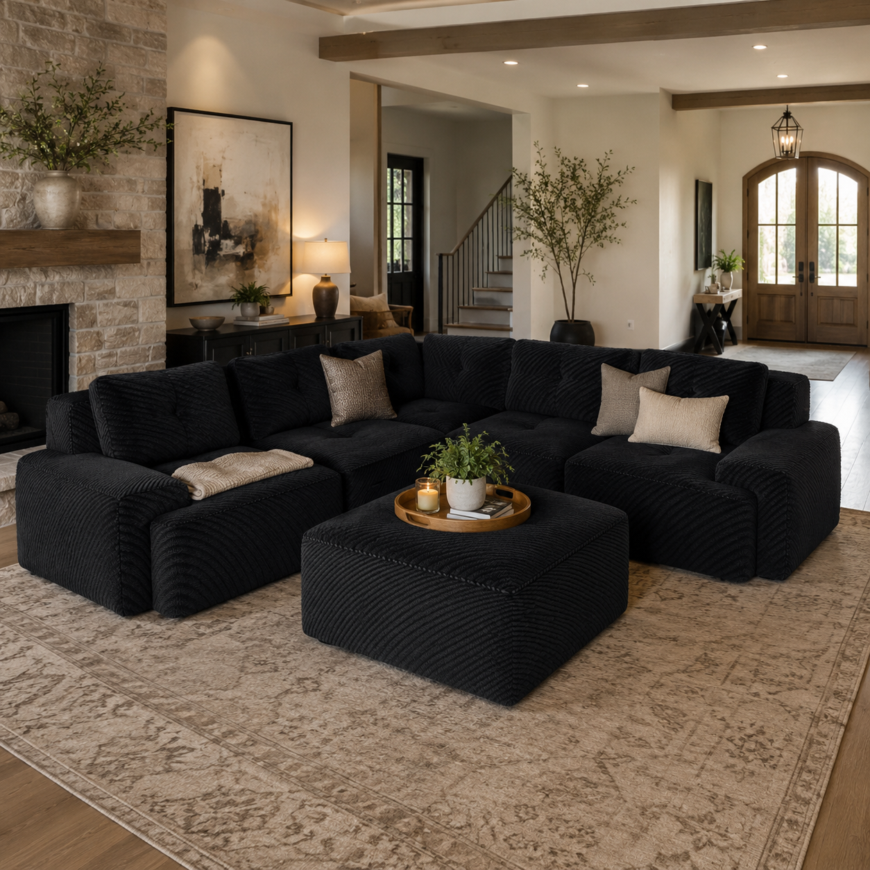 Racine 116" Corduroy Modular L-Shaped Sectional Corner Sofa with Ottoman