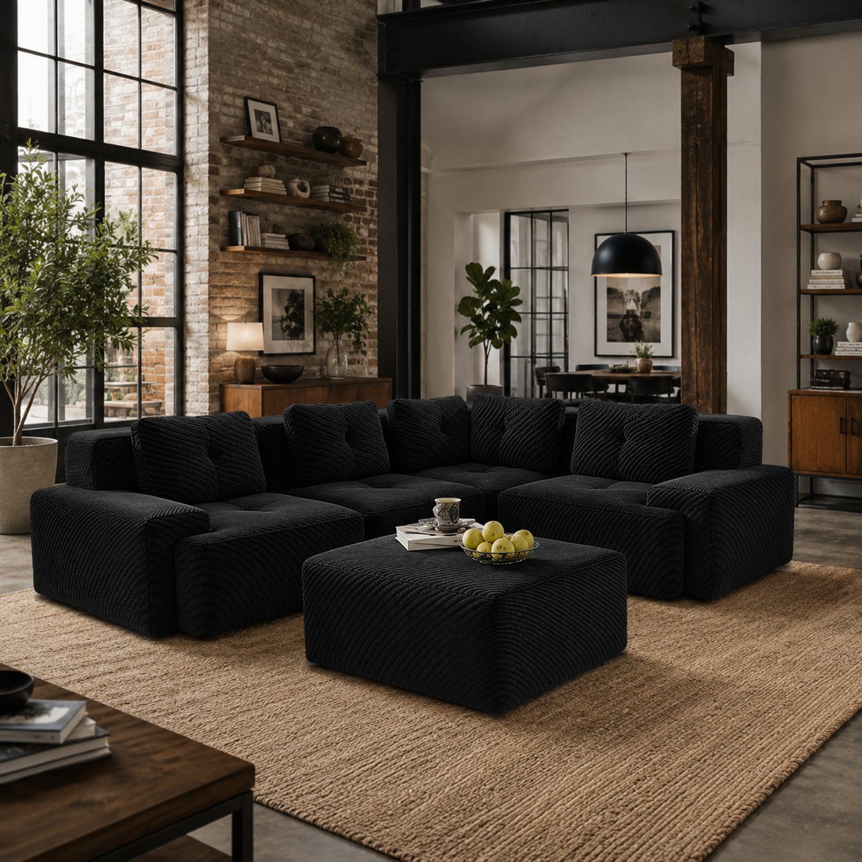 Racine 116" Corduroy Modular L-Shaped Sectional Corner Sofa with Ottoman