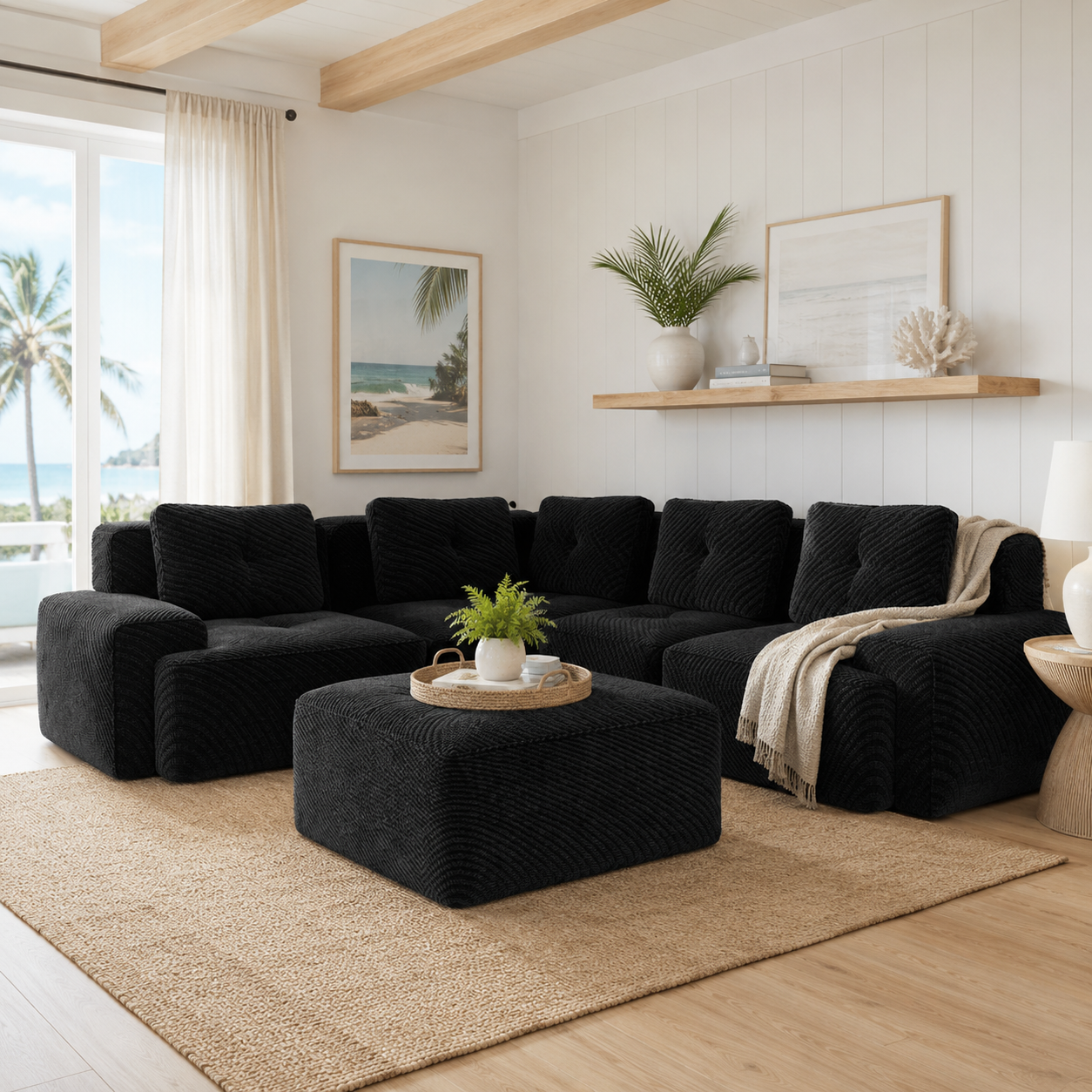 Racine 116" Corduroy Modular L-Shaped Sectional Corner Sofa with Ottoman