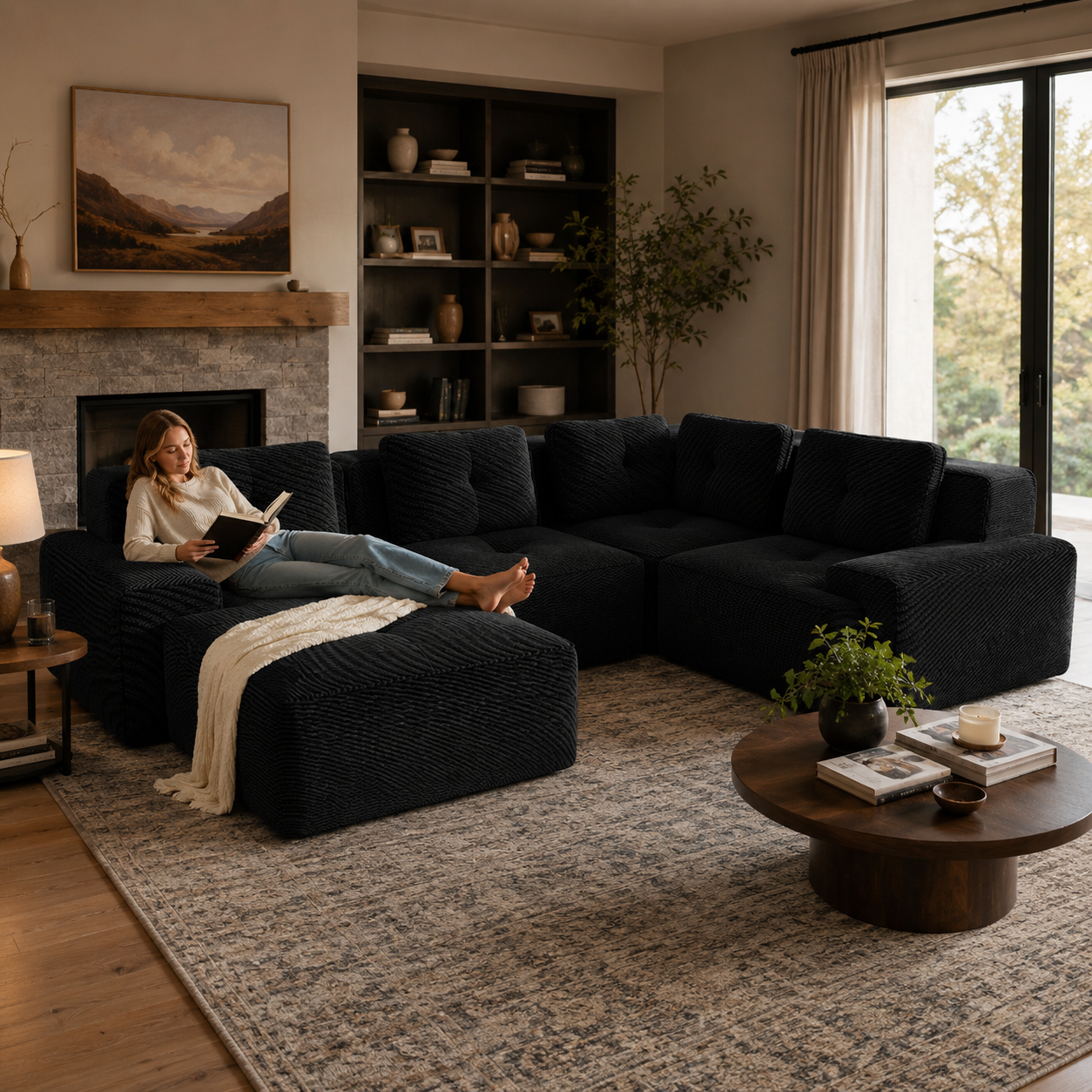 Racine 116" Corduroy Modular L-Shaped Sectional Corner Sofa with Ottoman
