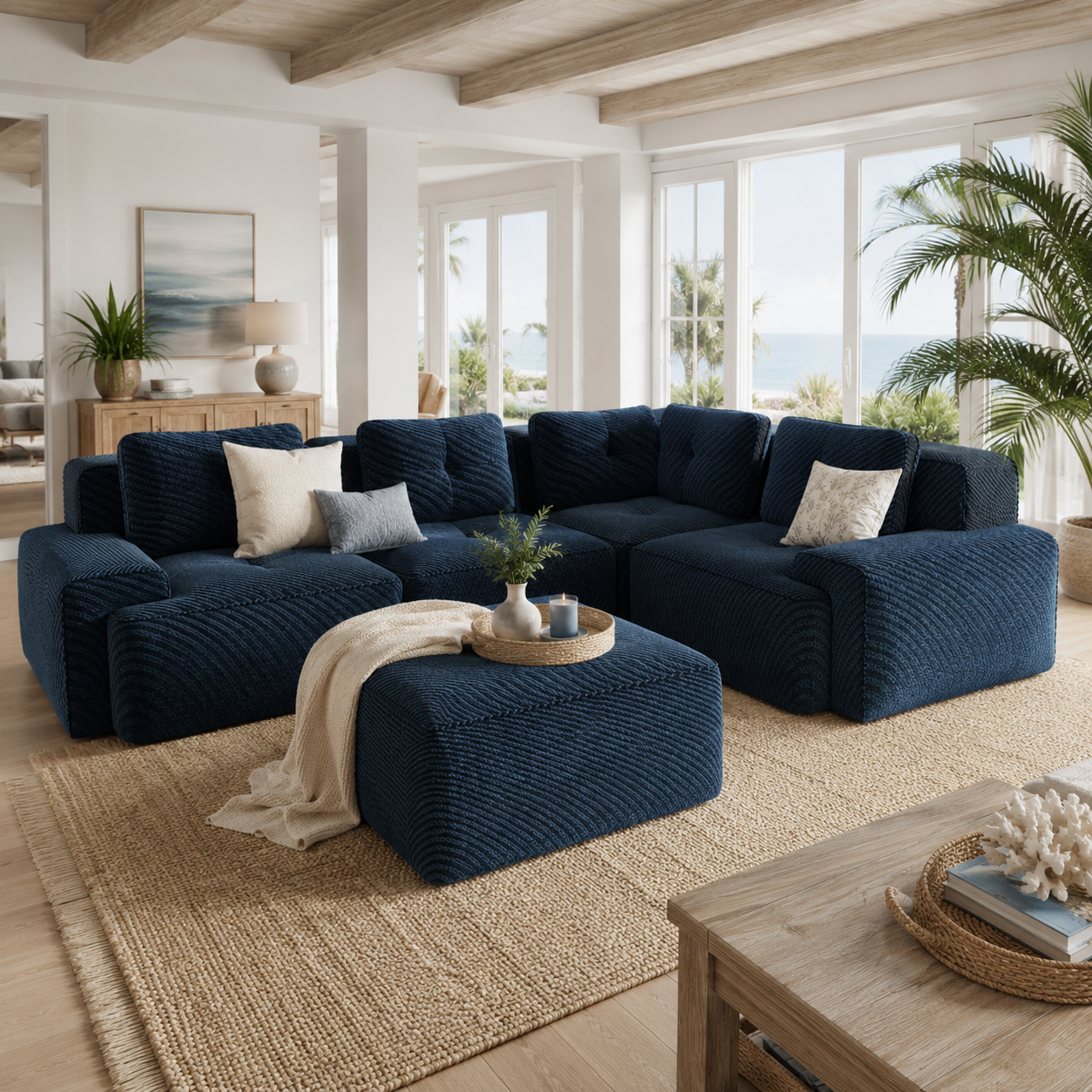 Racine 116" Corduroy Modular L-Shaped Sectional Corner Sofa with Ottoman