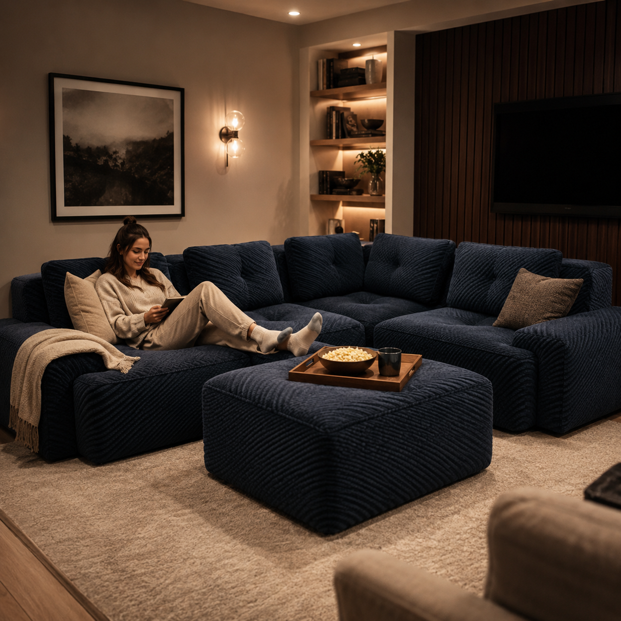 Racine 116" Corduroy Modular L-Shaped Sectional Corner Sofa with Ottoman