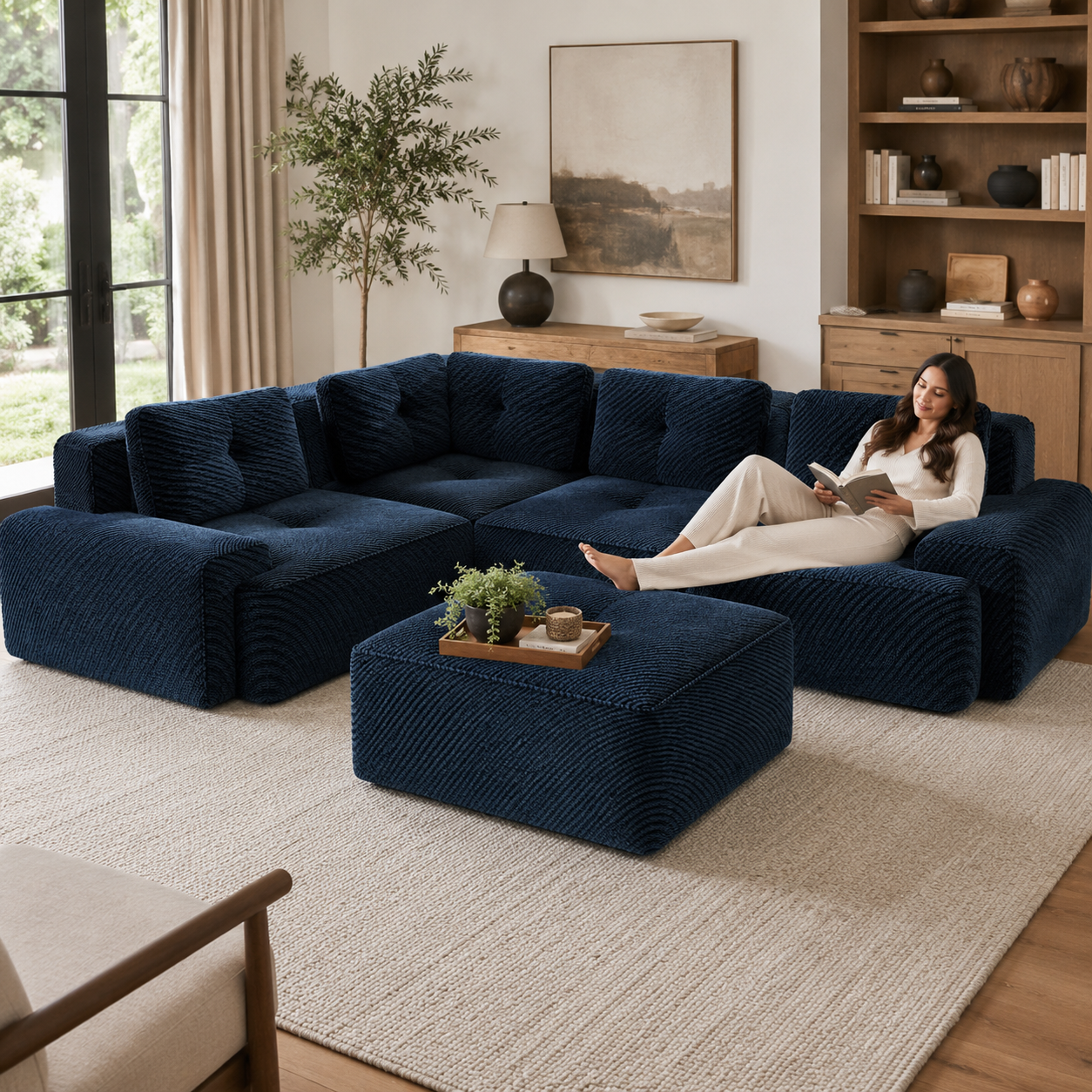 Racine 116" Corduroy Modular L-Shaped Sectional Corner Sofa with Ottoman