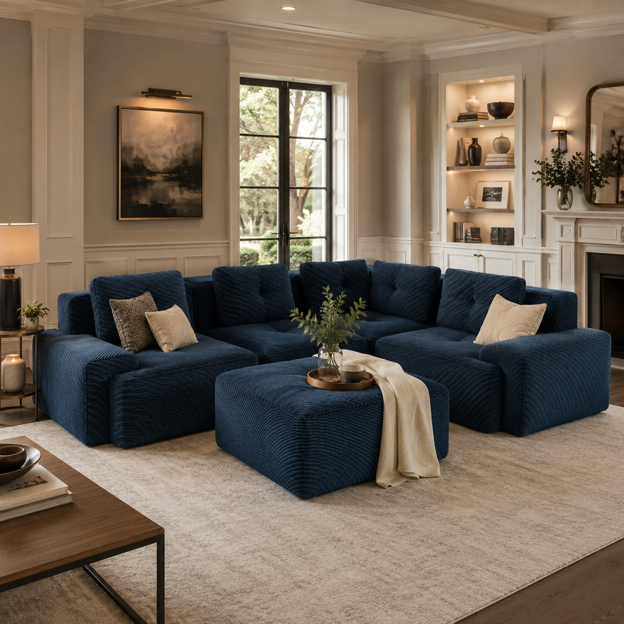Racine 116" Corduroy Modular L-Shaped Sectional Corner Sofa with Ottoman