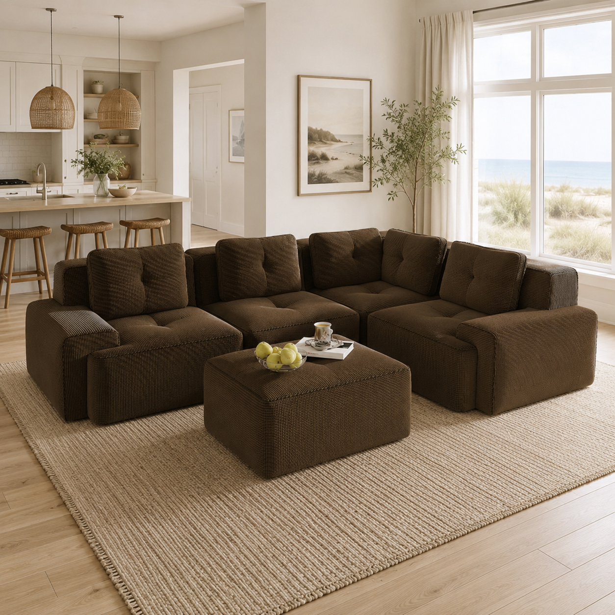 Racine 116" Corduroy Modular L-Shaped Sectional Corner Sofa with Ottoman
