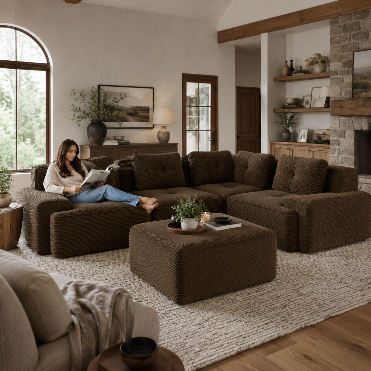 Racine 116" Corduroy Modular L-Shaped Sectional Corner Sofa with Ottoman