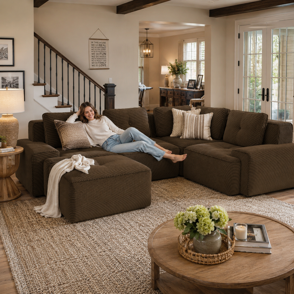 Racine 116" Corduroy Modular L-Shaped Sectional Corner Sofa with Ottoman