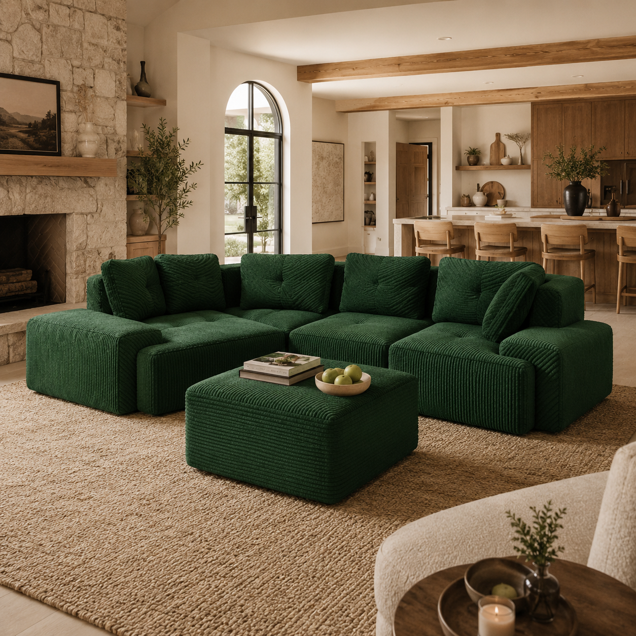 Racine 116" Corduroy Modular L-Shaped Sectional Corner Sofa with Ottoman